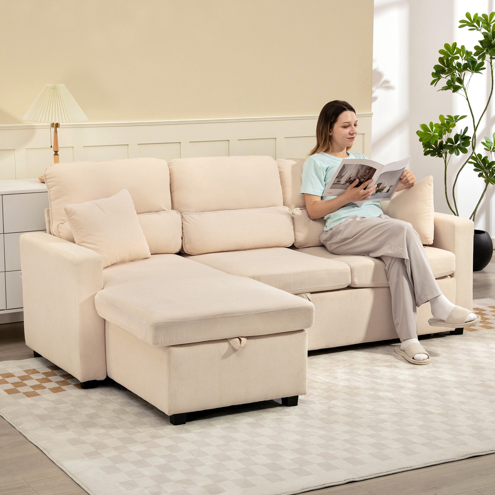 HOMCOM Ecksofa L-Form Sofa, Schlafsofa mit Bettkasten, Kissen, Ecksofa 1 Teile, mit Stauraum, Beige