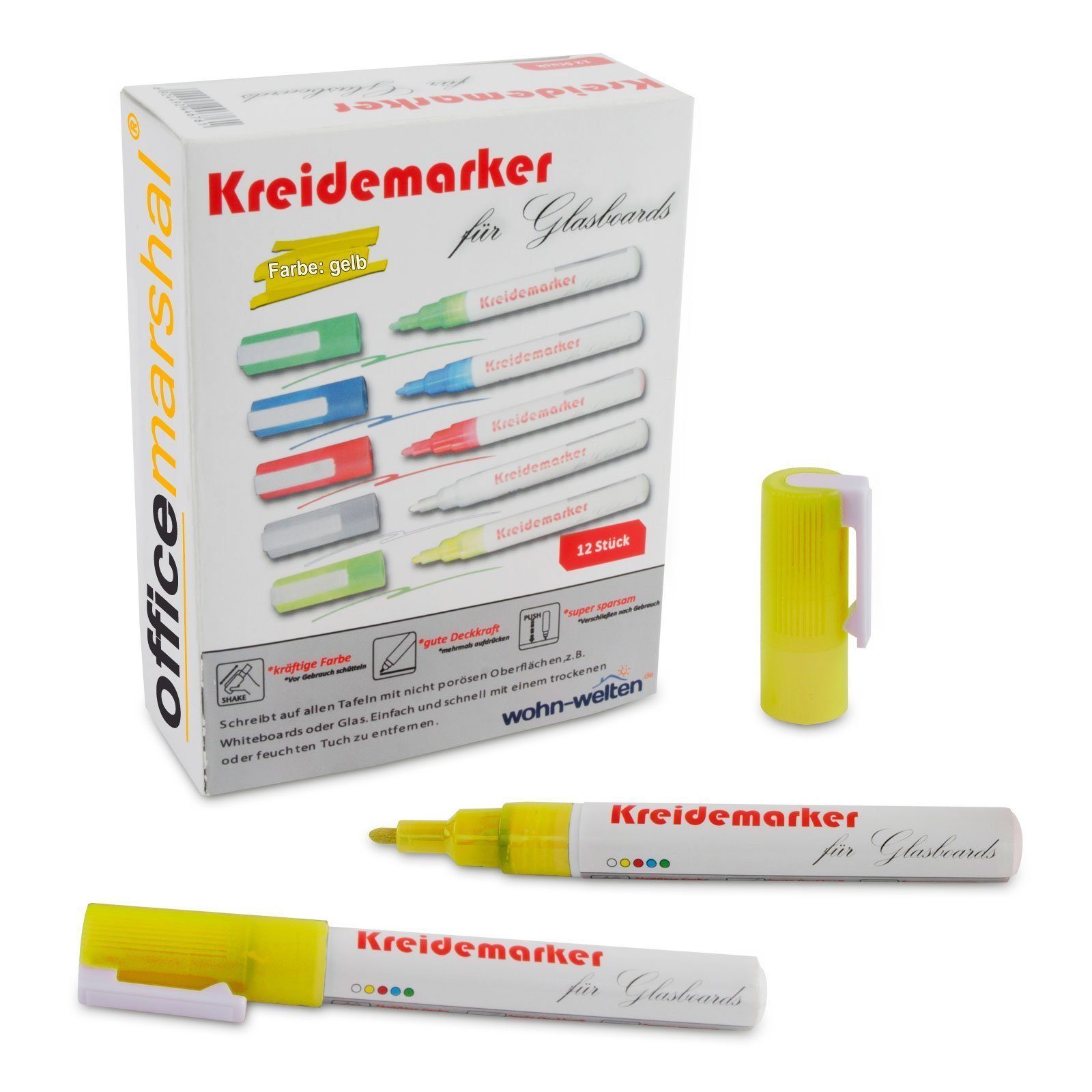 Office Marshal Whiteboard Marker Kreidemarker, verschiedene Farben, Whiteboard, (12-tlg), Non-permanent (Whiteboard-Eignung)