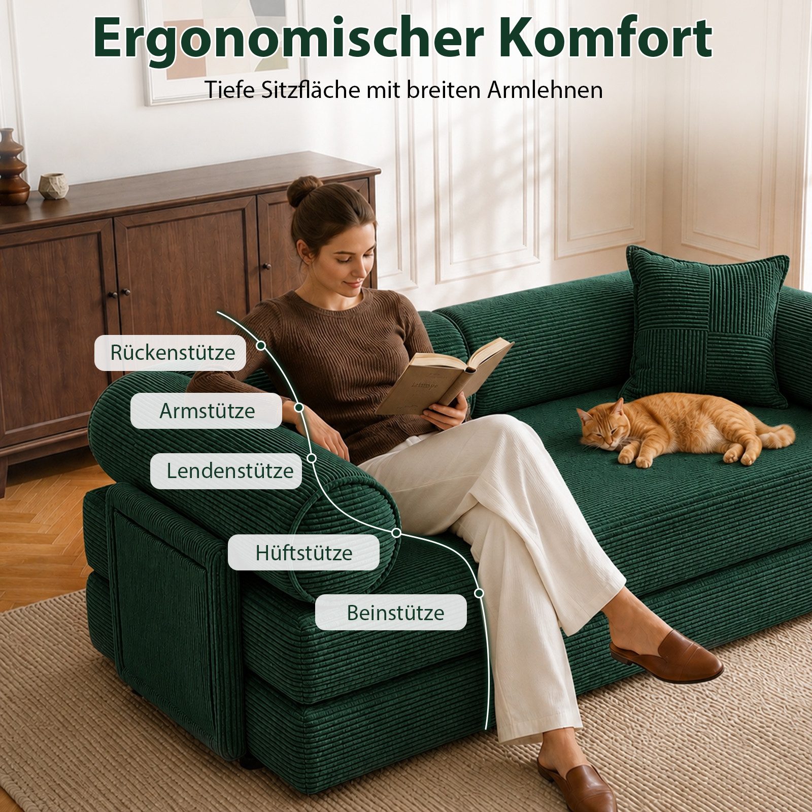Hoolamyie Sofa 6-in-1 Cord Schlafsofa mit Schlaffunktion, 200 cm breit, 2-Sitzer, Modulares Sofa, ohne Montage, komprimiert verpackt, bis 200 kg – Bild 3 von 5
