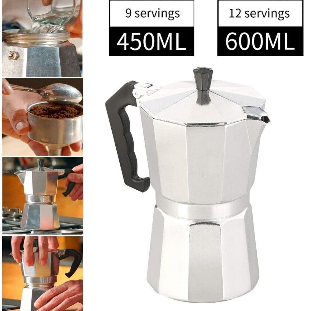 BlingBin Kaffeebereiter 9-12 Tassen Espressokocher Espressokanne Kaffe Kocher, 0.45l Kaffeekanne, Edelstahlfilter, Silikondichtung, Sicherheitsventil