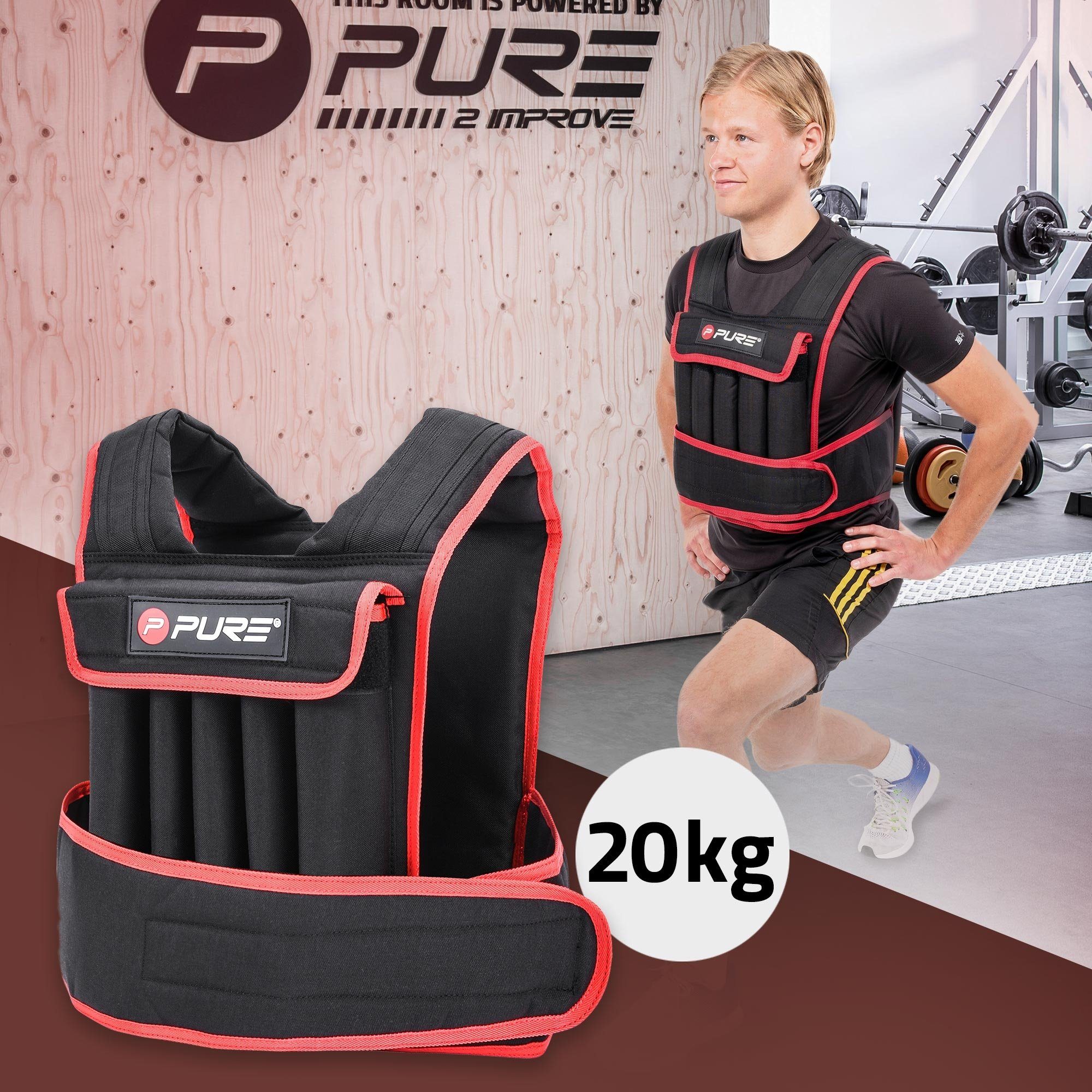 Pure 2 Improve Gewichtsweste Trainingsweste Fitnessweste Laufweste Ausdauer-Training Muskelaufbau, 20kg Schwarz-Rot individuell einstellbar herausnehmbaren Gewichten