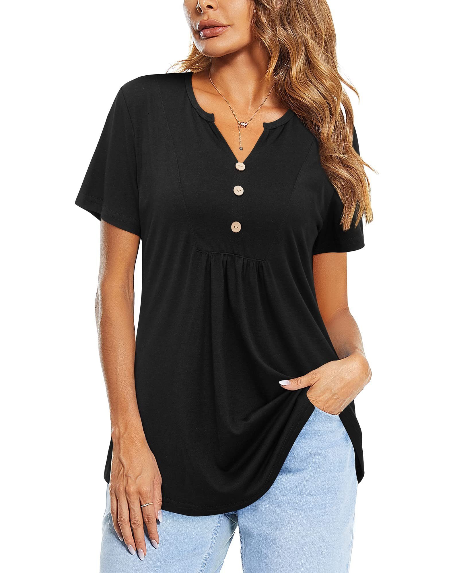 Shirt V Kurzarm Damen Tunika T-Shirt T Schwarz Ausschnitt G4Free Oberteile Plissiert shirts