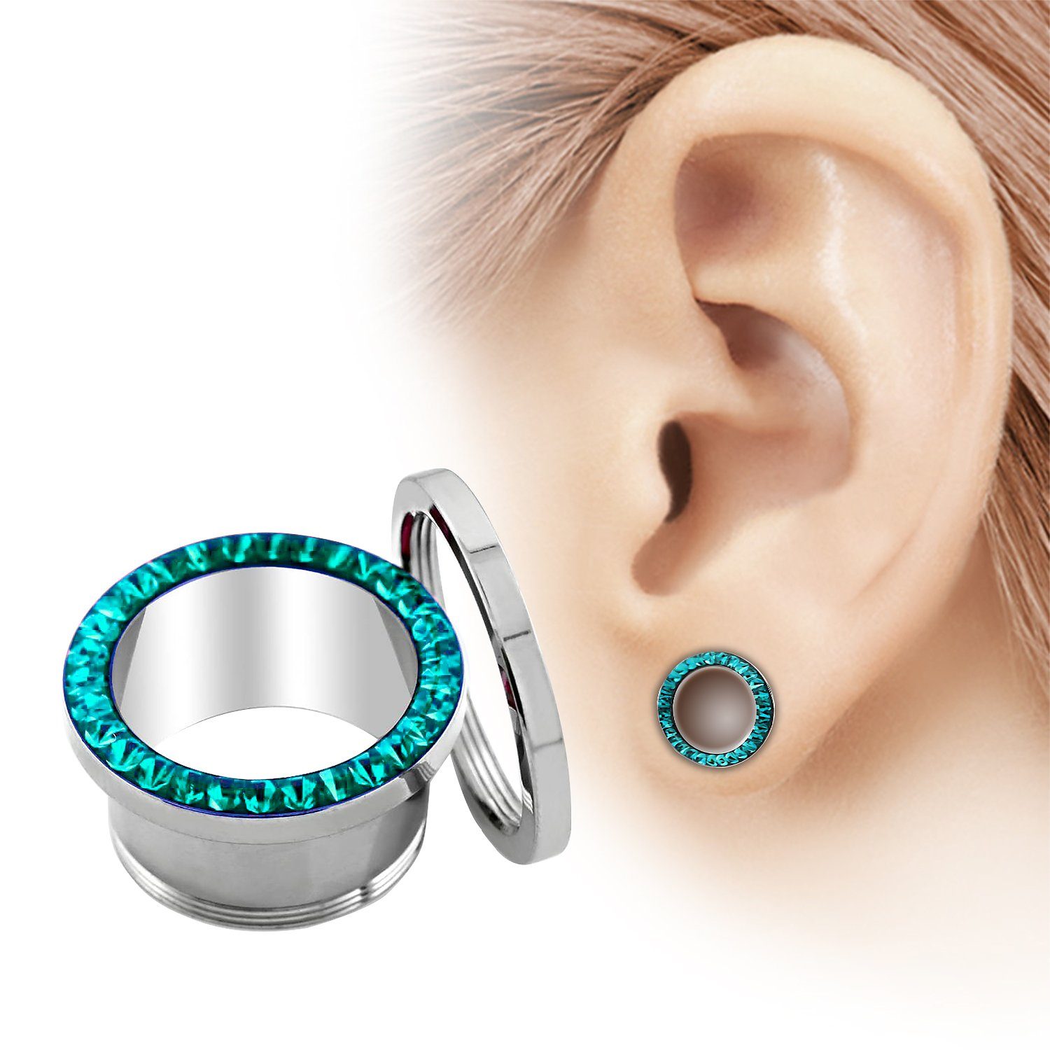 Taffstyle Plug Ohr Tunnel Piercing Kristallen Epoxy Schutzschicht Chirurgenstahl (Flesh Tunnel mit Ferido Kristallen und Epoxy Schutzschicht mit Schraubverschluss)