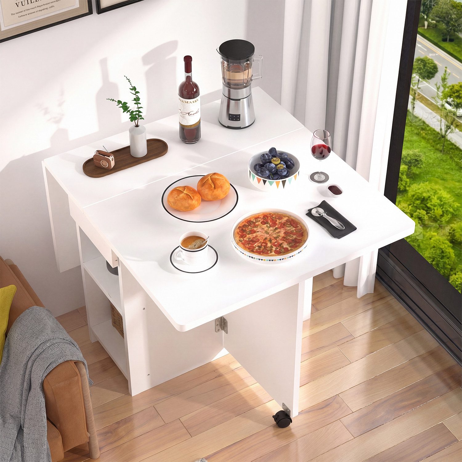 oyajia Esstisch Klapptisch für 4-6 Personen mit Offenen Ablagen, 1 Schublade (Klappbarer Esstisch, 118.5 x 72 x 75CM), Esszimmer für Kleine Räume