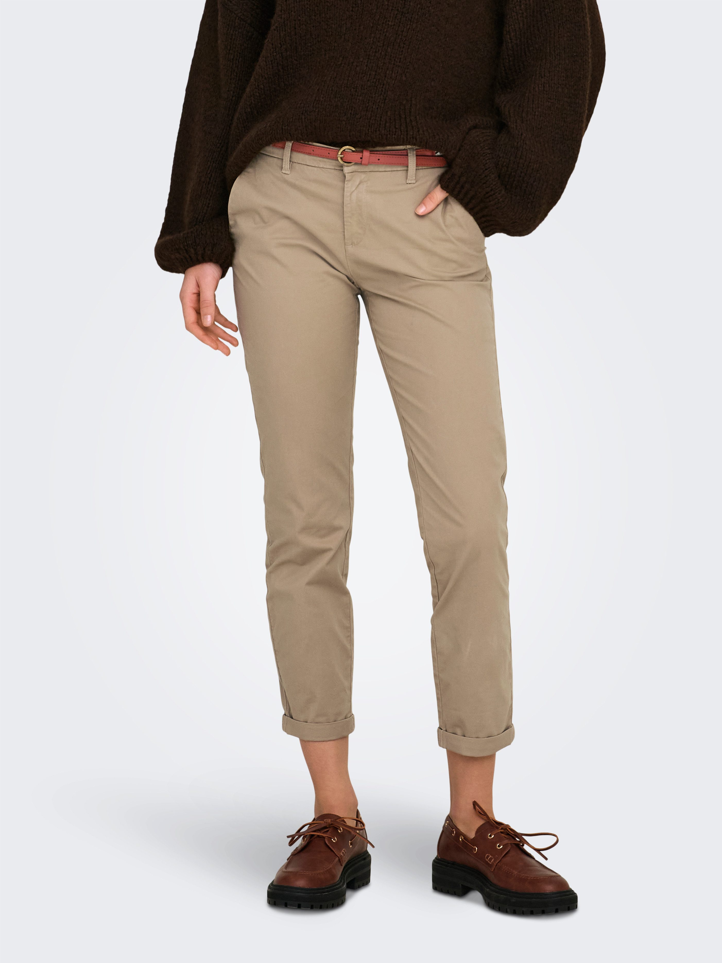 ONLY Chinohose ONLBIANA – Chinohose mit Gürtel und Umschlagsaum slim fit, modisch, Web, Baumwollmischung