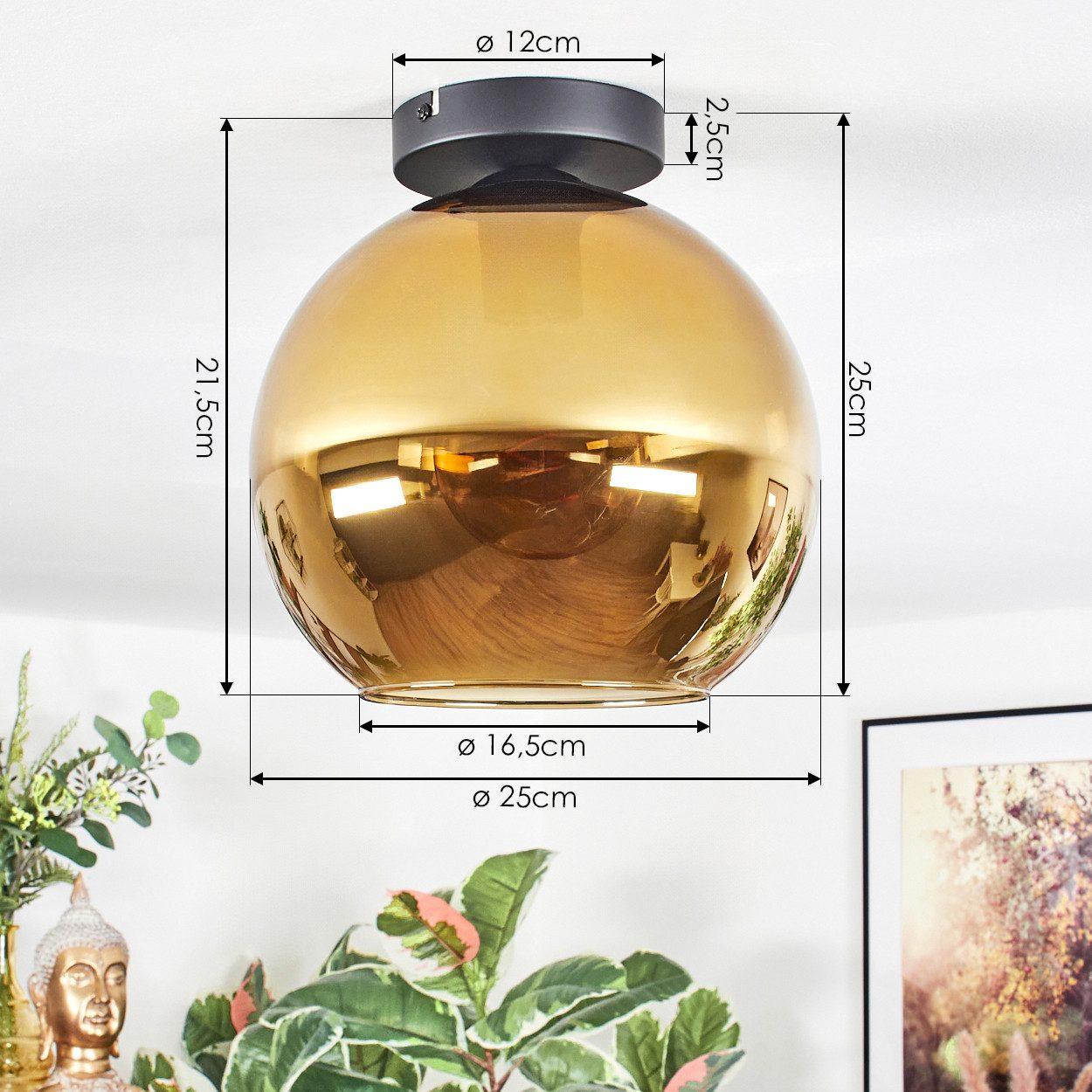 hofstein Deckenleuchte Deckenlampe aus Metall/Glas in Schwarz/Goldfarben, ohne Leuchtmittel, Deckenleuchte im modernen Vintage-Design (Schirm Ø 25 cm), E27 – Bild 4 von 5
