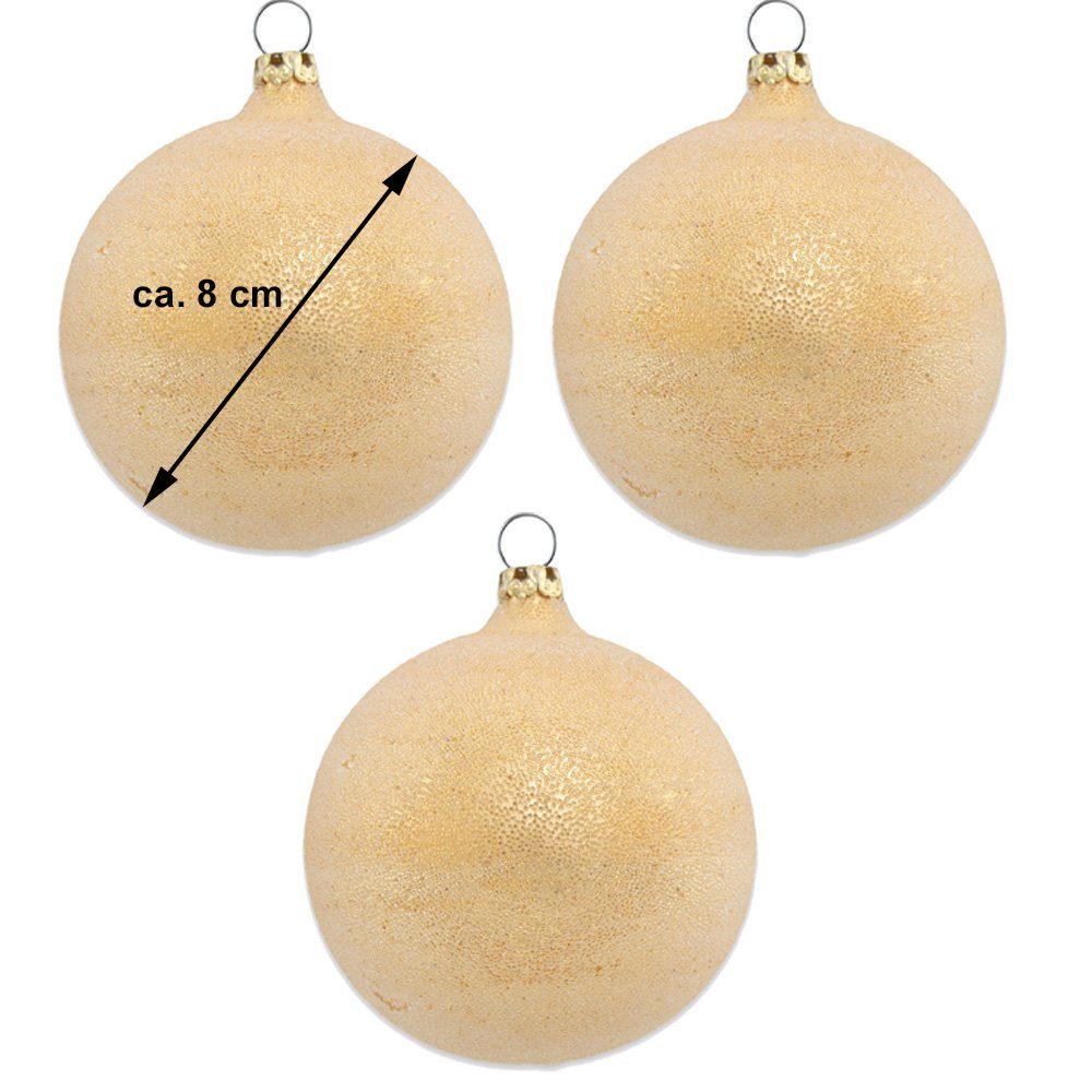 Thüringer Glasdesign Weihnachtsbaumkugel Perlentau Gold Ø 8 cm (3 Stück) - Glas Christbaumkugeln Germany (3 St), Mundgeblasen