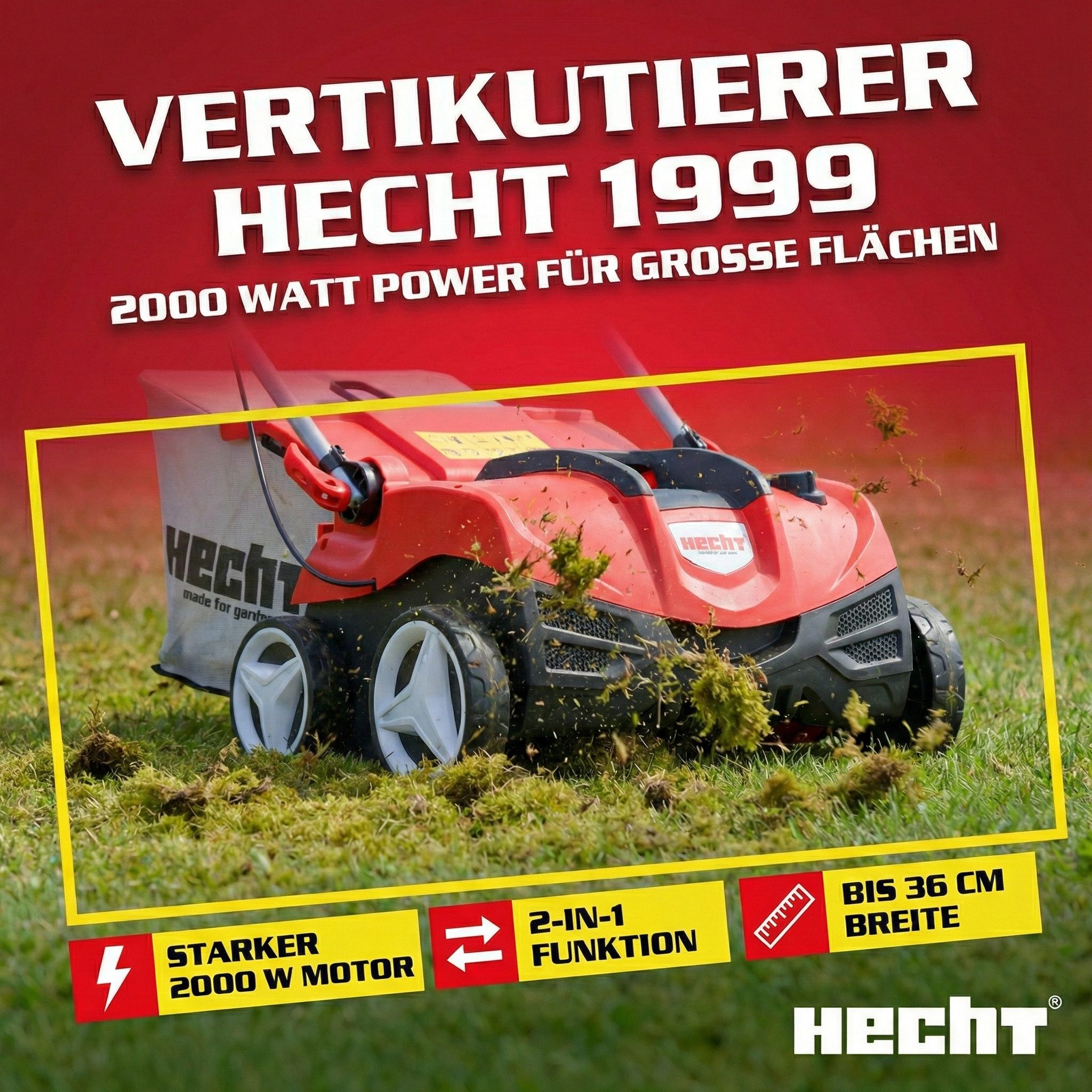 Hecht Elektro-Vertikutierer / Lüfter 1999 2in1 mit 2000 Watt und 45 Liter Fangkorb, 36,00 cm Arbeitsbreite, 22 Doppelkrallen, 16 Messer