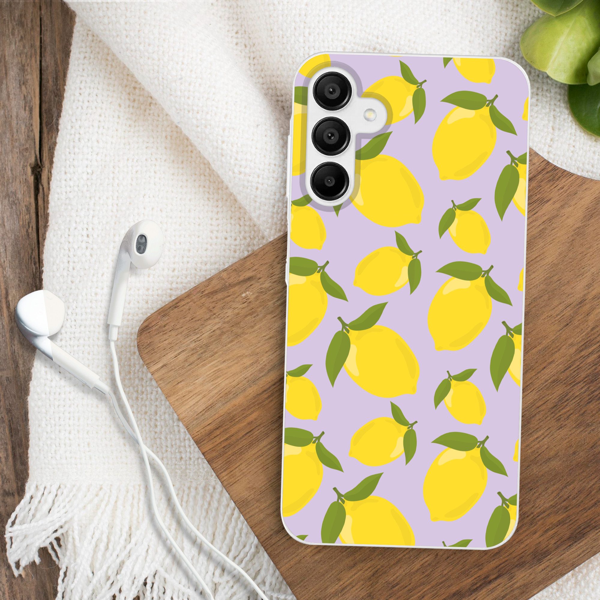 MuchoWow Handyhülle für Samsung Galaxy A15 Muster Zitronen - Gelb - Lila - Muster - Frücht, Smartphone-Bumper, Print, Handy Schutzhülle Dünn
