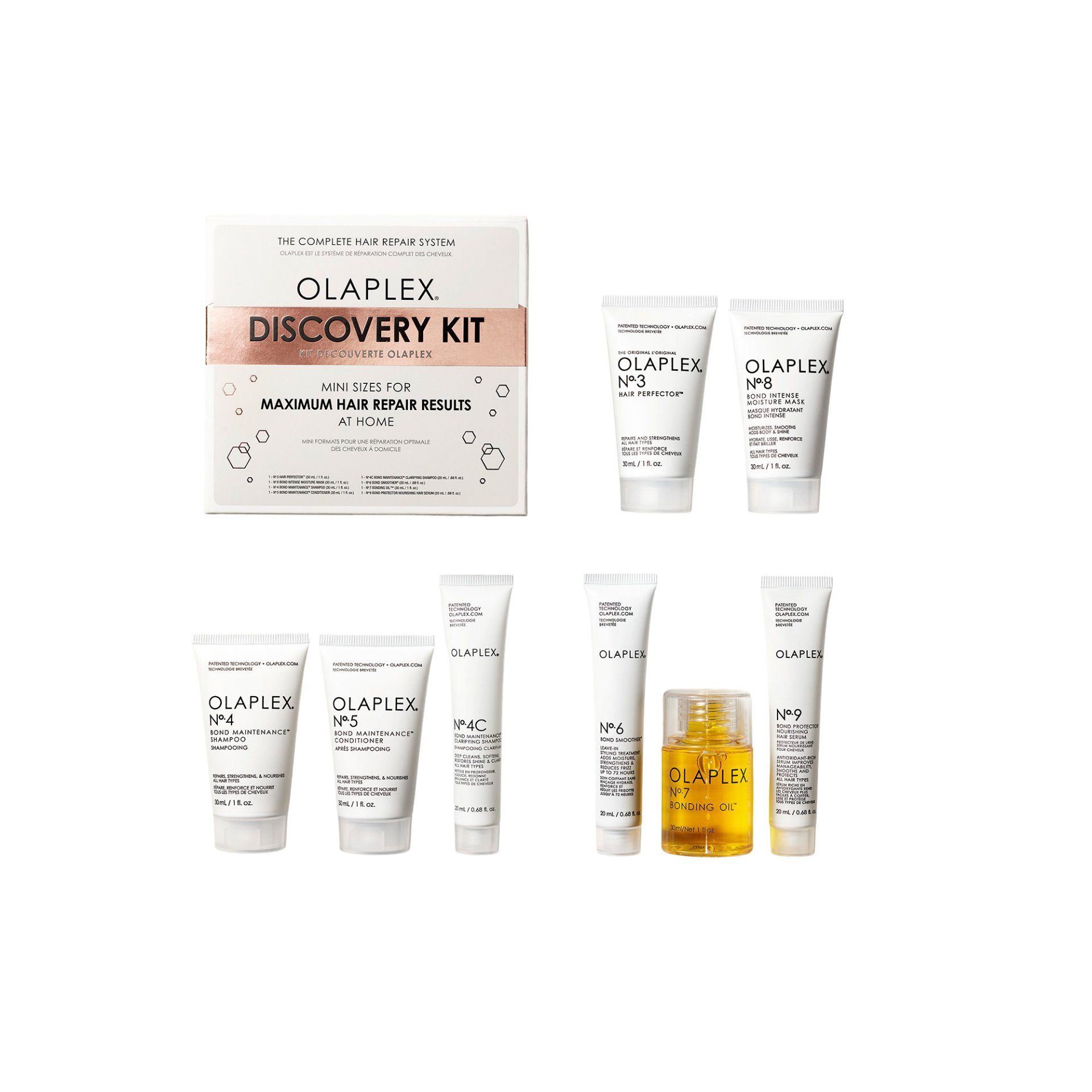 Olaplex Уход за волосами-Set Discovery Kit, Reiseset, 8-tlg., No.3 + No.4C + No.4 + No.5 + No.6 + No.7 + No.8 + No.9, repariert, stärkt, spendet Feuchtigkeit, Hitzeschutz, Glanz