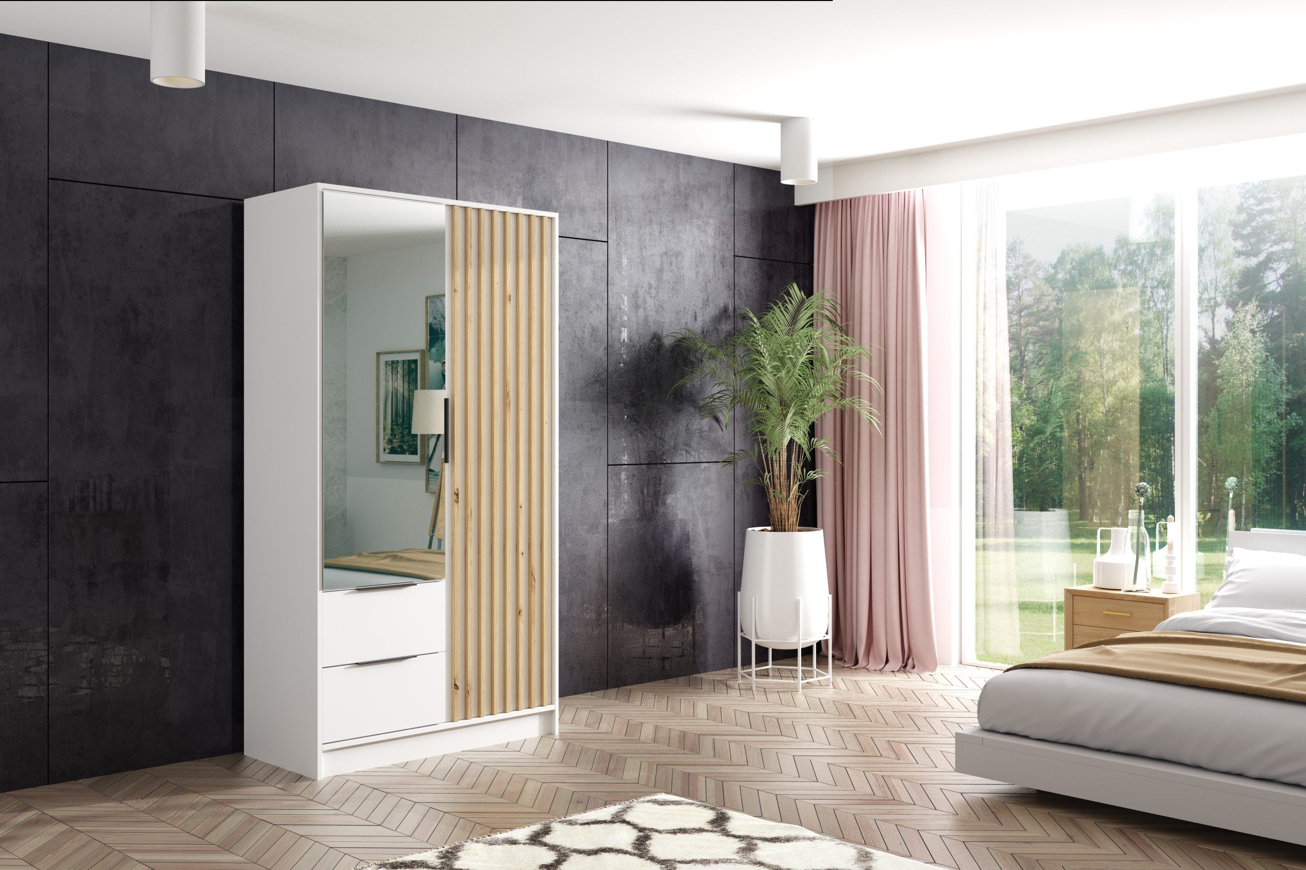 ALTDECOR Drehtürenschrank NERA Vielseitiger Drehtürenschrank mit Flügeltüren Schubladen Lamellen