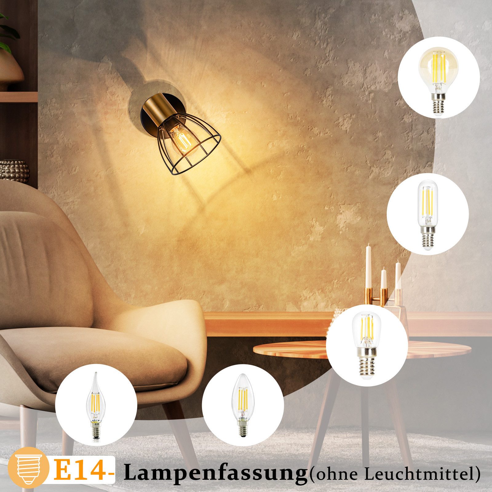 ZMH Wandleuchte innen Wandlampe E14 Wand Vintage Schwarz Wandbeleuchtung, ohne Leuchtmittel