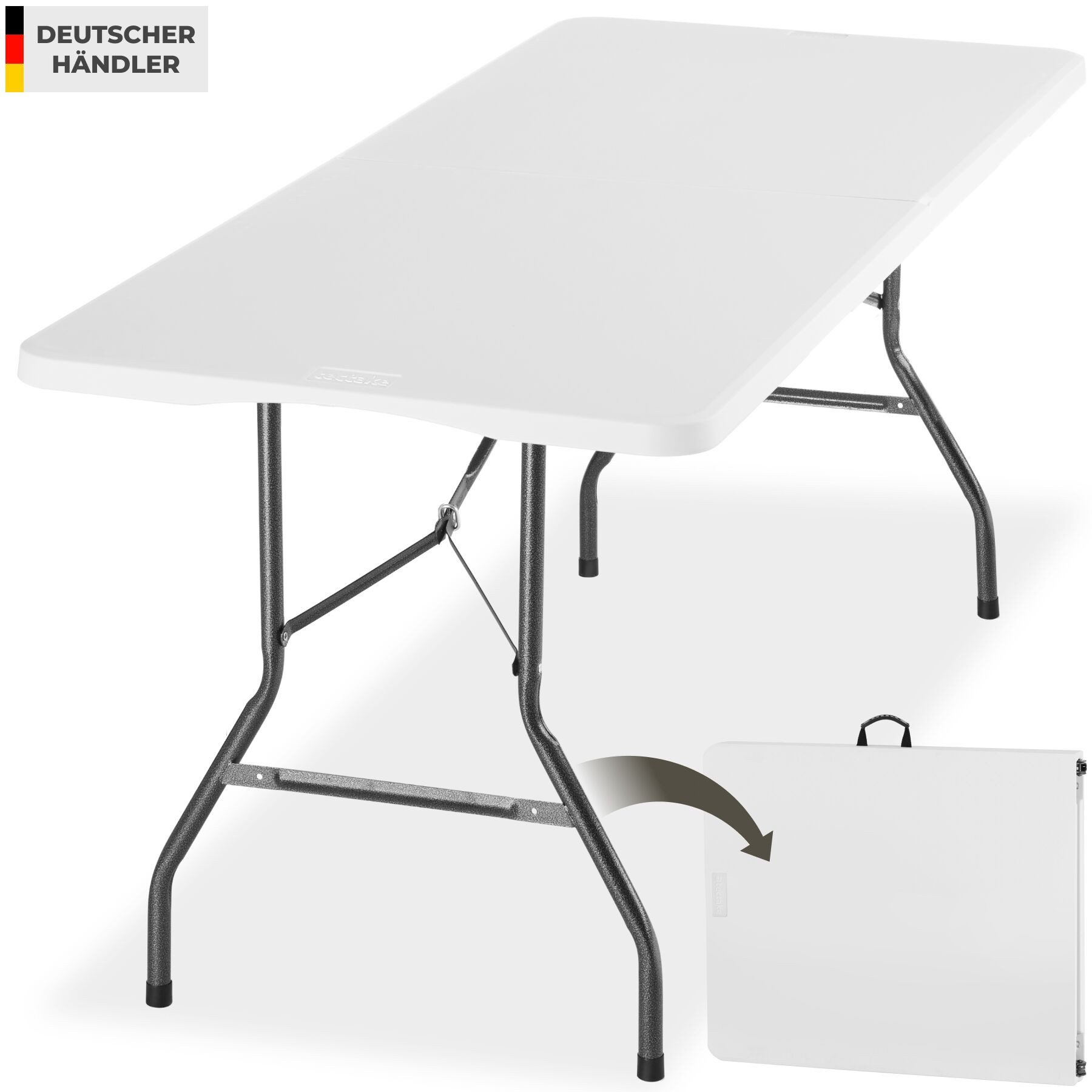tectake Campingtisch Outdoor-Tisch klappbar, gummierter Tragegriff, 120 kg Belastbarkeit (Klapptisch Panja, 1-St., in weiß), wetterfest, robuster Kunststoff, bodenschonende Kunststoffkappen