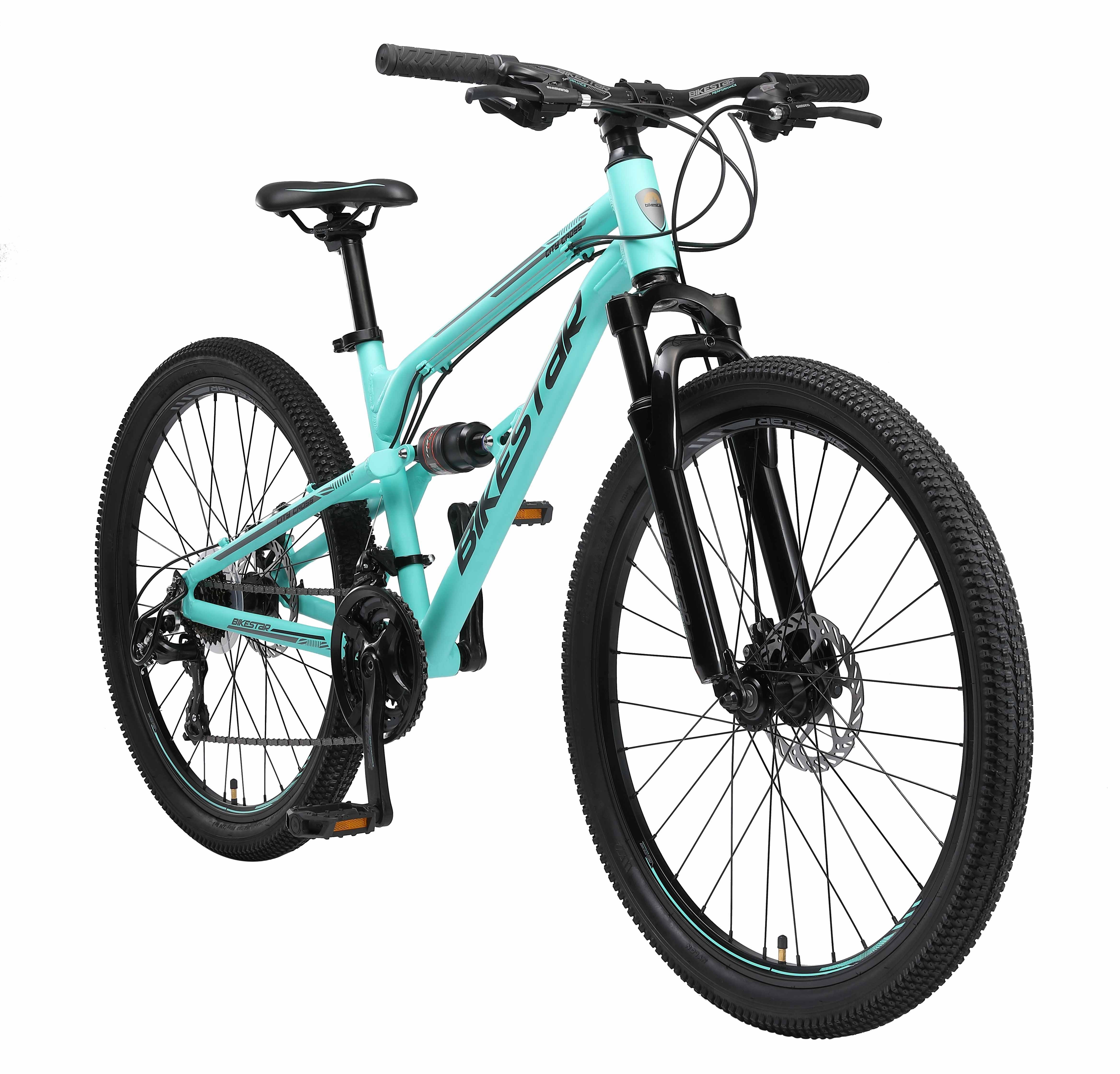 Bikestar Mountainbike 26 Zoll, ab 155 cm, Aluminium, Damen, Herren, 21 Gang Shimano Tourney RD-TY300 Schaltwerk, Kettenschaltung, Scheibenbremse, Rahmen 39.4 cm, Vollgefedert