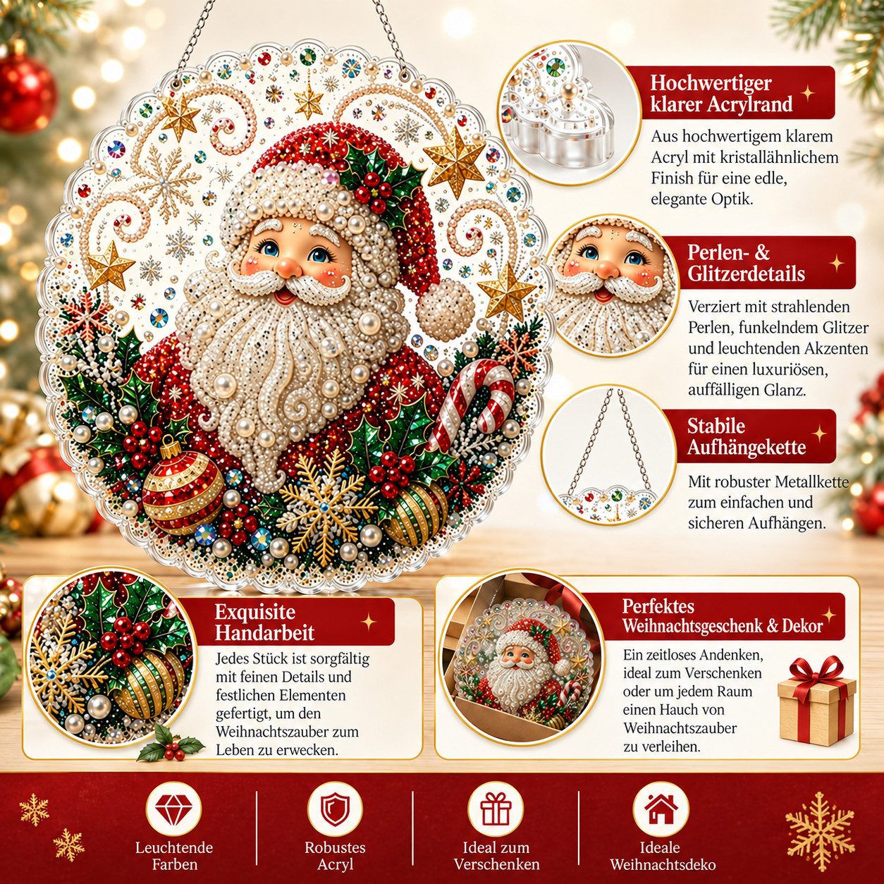 Sorvyzxn Weihnachtsfigur Strass Diamond Painting Set 25 × 25 cm, Weihnachts-Hängedeko, Mit Speziell Geformten Strasssteinen, Fensterdeko zum Aufhängen – Bild 4 von 5