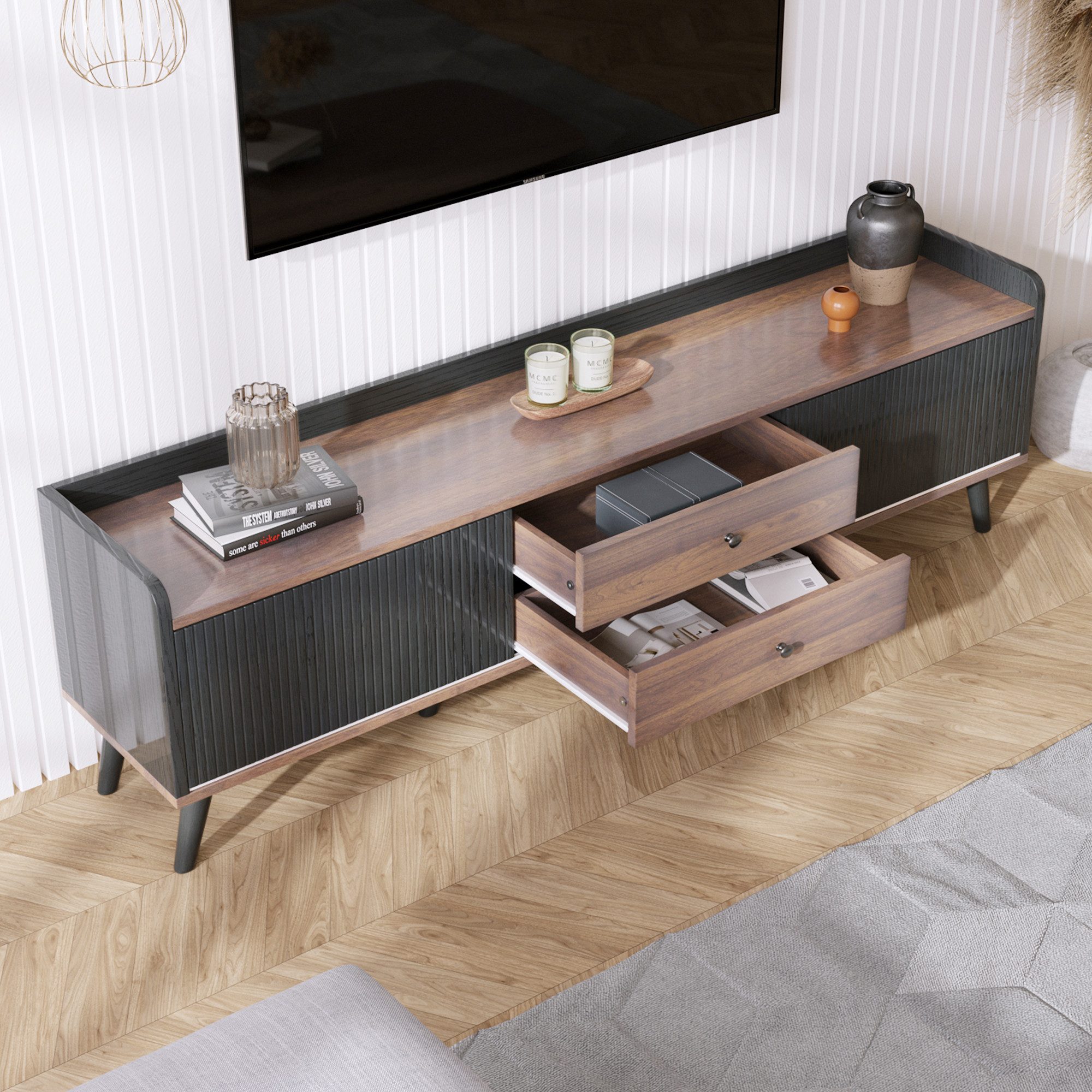 Merax Lowboard mit 2 Schubladen in Holzoptik und 2 Schiebetüren, TV-Board mit verstellbaren Einlegeböden, TV-Schrank, B: 160cm – Bild 4 von 5