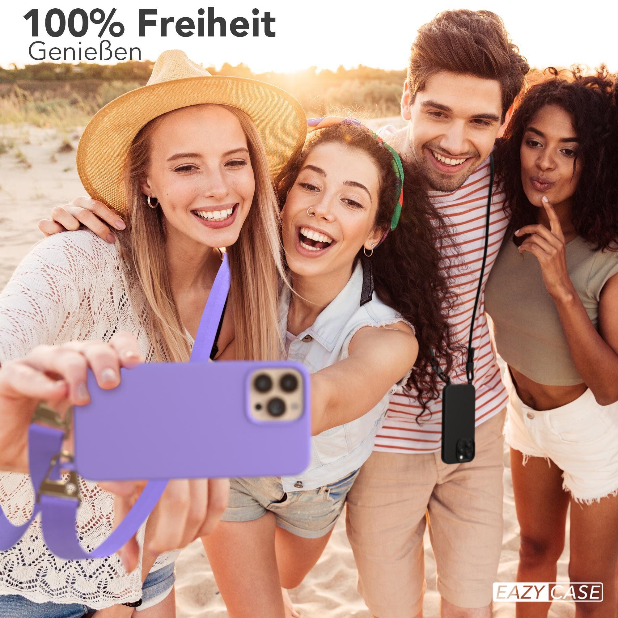 EAZY CASE Handykette Karabiner Breitband für Apple iPhone 13 Pro Max 6,7 Zoll, Hülle mit Band 2in1 Handyband Etui Case mit Kordel Flieder Lila Gold