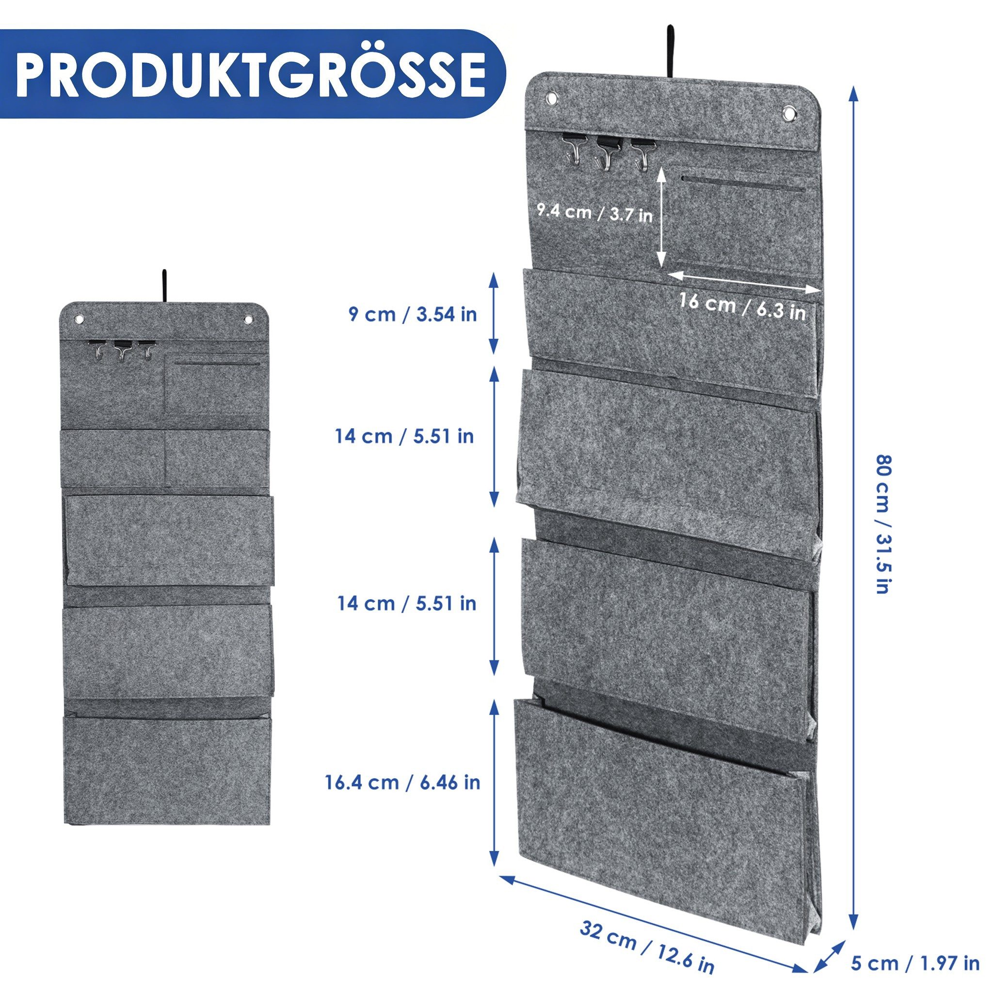 BlingBin Hängeaufbewahrung 2 Stück Hängeorganizer Aufbewahrungstaschen aus Filz, Klappbar (2er Set, 2 St., 2tlg Organizer zum Hängen 6 Fächer 3 Haken), Wand Organizer Große Kapazität Hängend Tasche für Türen, Flure, Büro