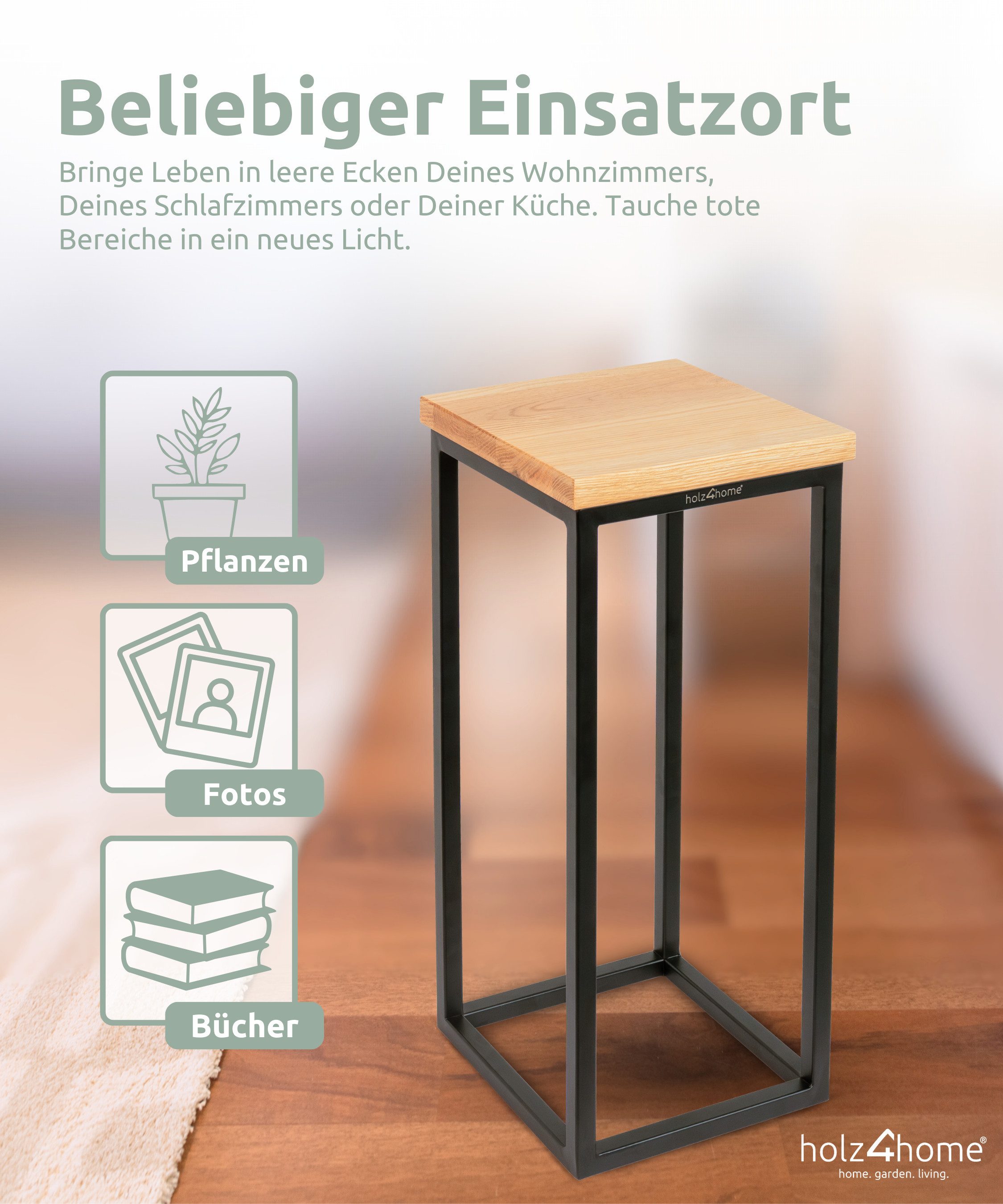 holz4home® Blumenständer Dekoständer aus Eichenholz Massiv Natur Geölt I Dekosäule Stahlrahmen – Bild 4 von 5