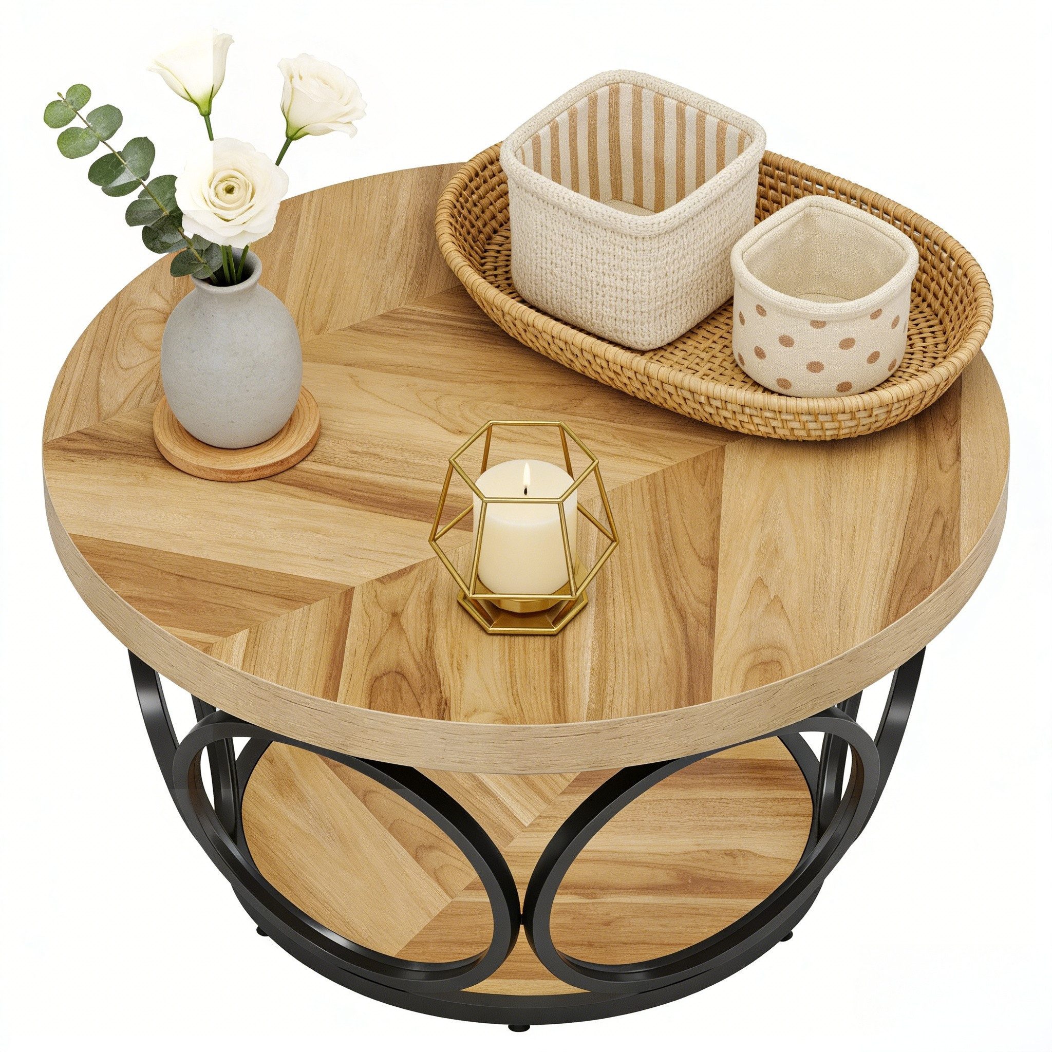 Celya Couchtisch Couchtisch Runde Kaffeetisch Beistelltisch, Industrial 2-Tier-Kreis Holztisch