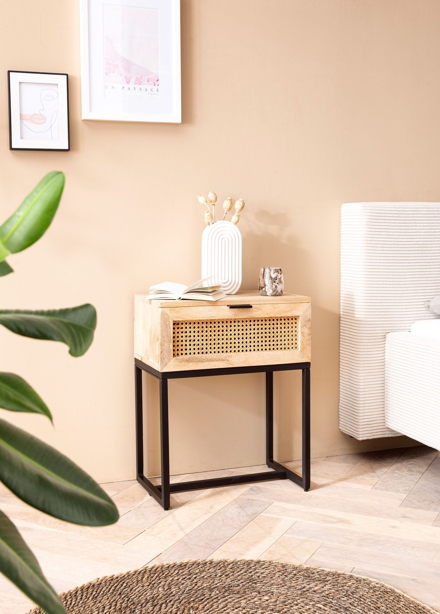 FINEBUY Nachttisch FB98156 Nachtkommode Boxspringbett Holz 50x60x30 cm Wiener Geflecht (Nachtkonsole mit Schublade, Nachtkästchen Modern), Massivholz / Rattan 5 – Bild 2 von 5