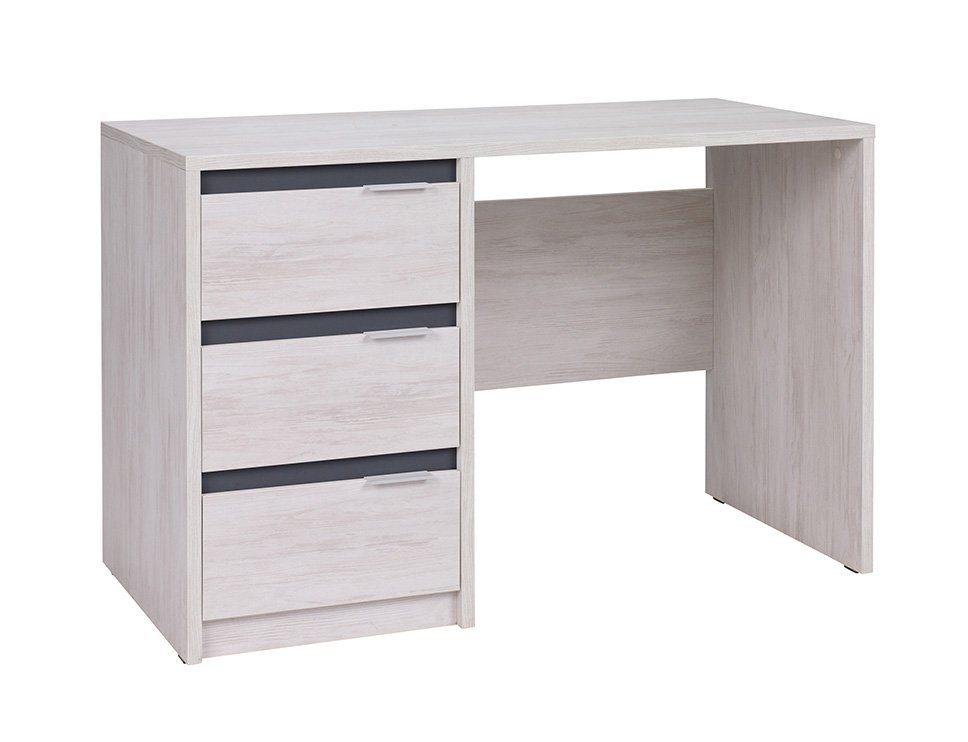 Furnix Schreibtisch DEVERTTI mit 3 Schubladen, Maße B120 x H77 x T60 cm Weißeiche-Graphit Glanz