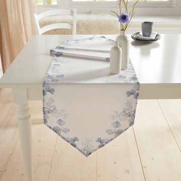 Home-trends24.de Tischläufer Cremeweiß Blätter Hellblau 40 x 140 Polyester Tischdeko
