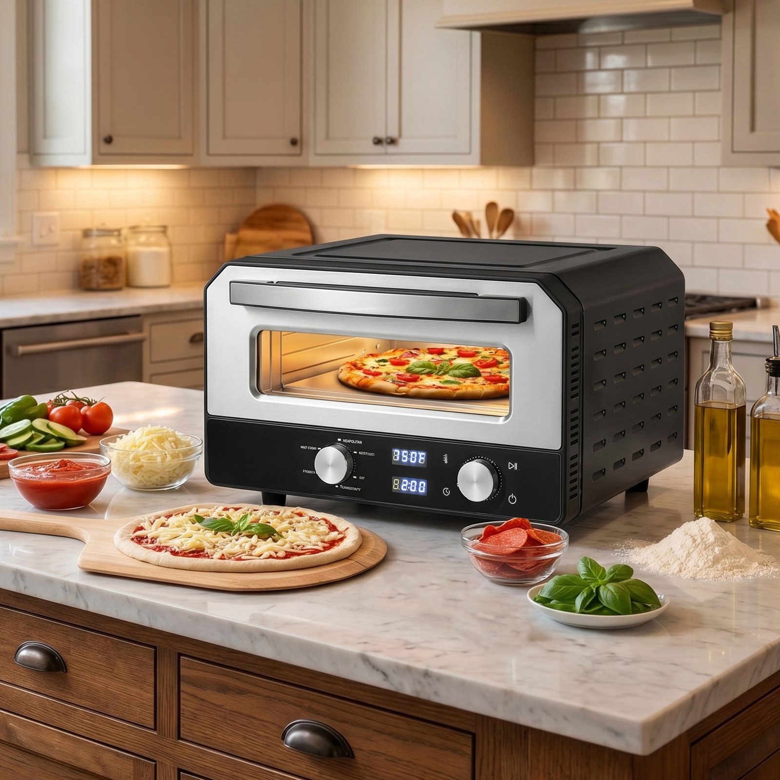 KOMFOTTEU Pizzaofen, bis zu 400 °C, mit 6 Programmen, einstellbarer Temperatur und Zeit