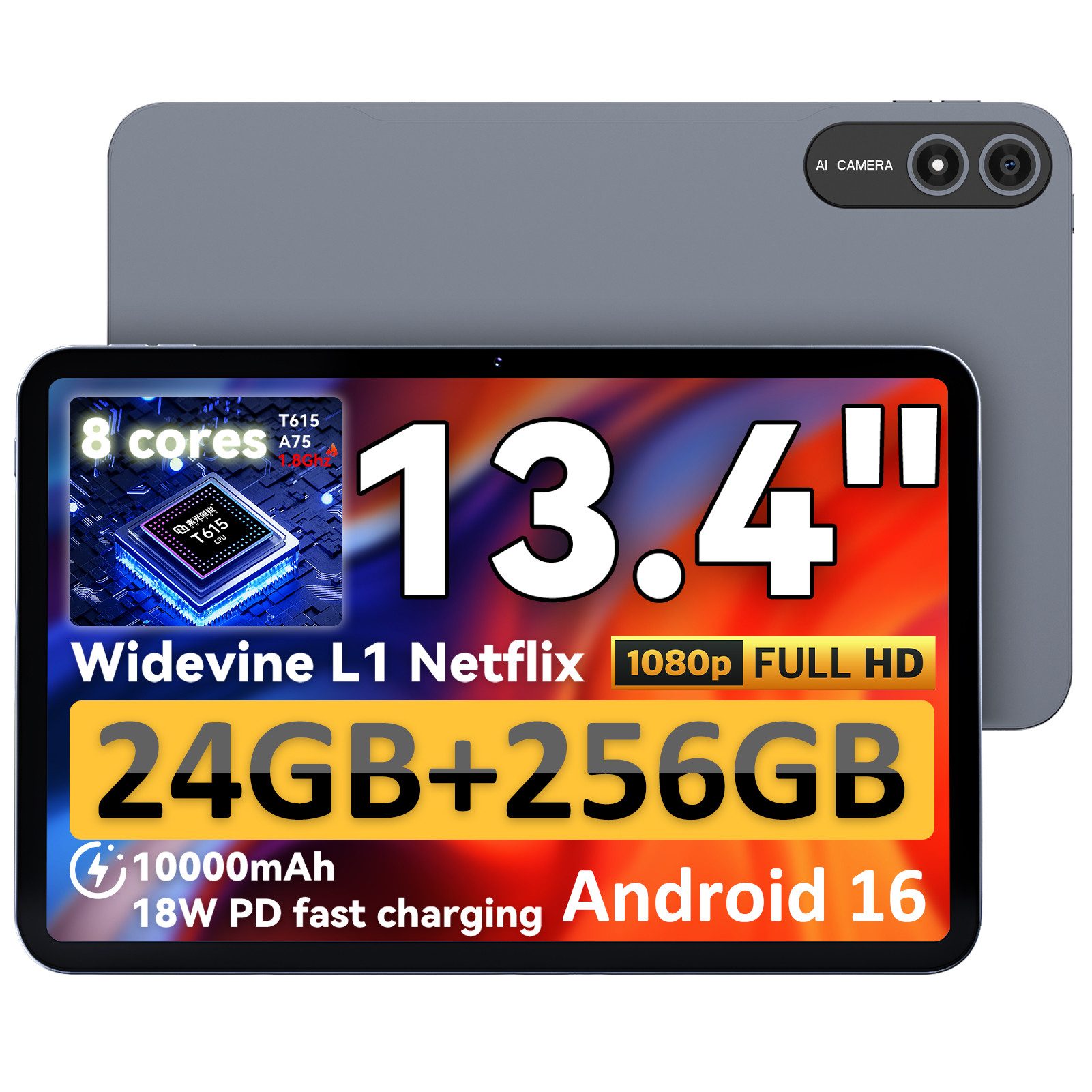 SHOU SPad 13,13,4'', Android 16,24(6+18)GB+256GB, 5G WiFi Tablet (13.4", 256 GB, Android 16, WiFi, 10000 mAh, Gemini AI, inklusive Tablet-Hülle und Displayschutzfolie)