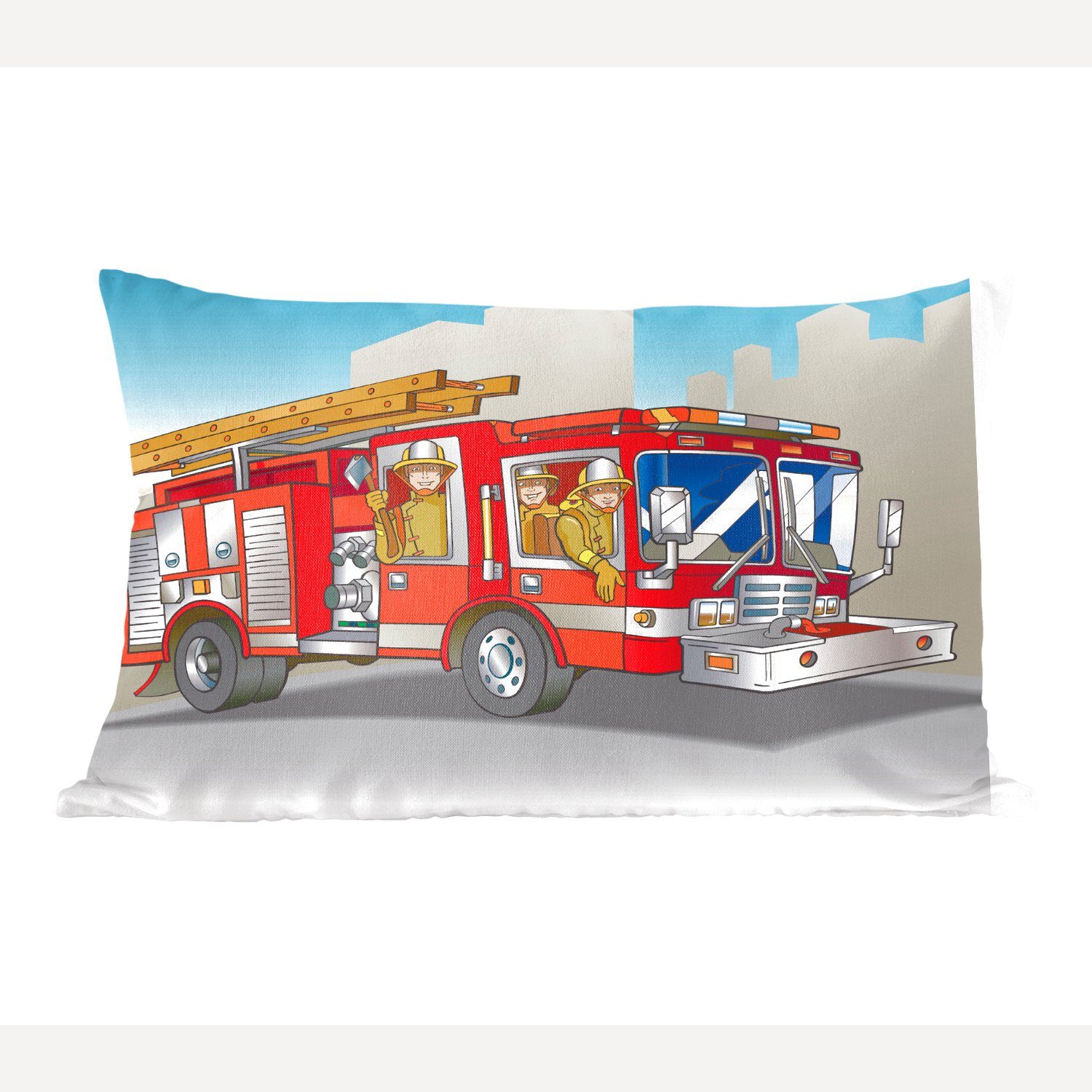 MuchoWow Dekokissen Kinderillustration von Feuerwehrleuten in einem Feuerwehrauto, Wohzimmer Dekoration, Zierkissen, Dekokissen mit Füllung, Schlafzimmer
