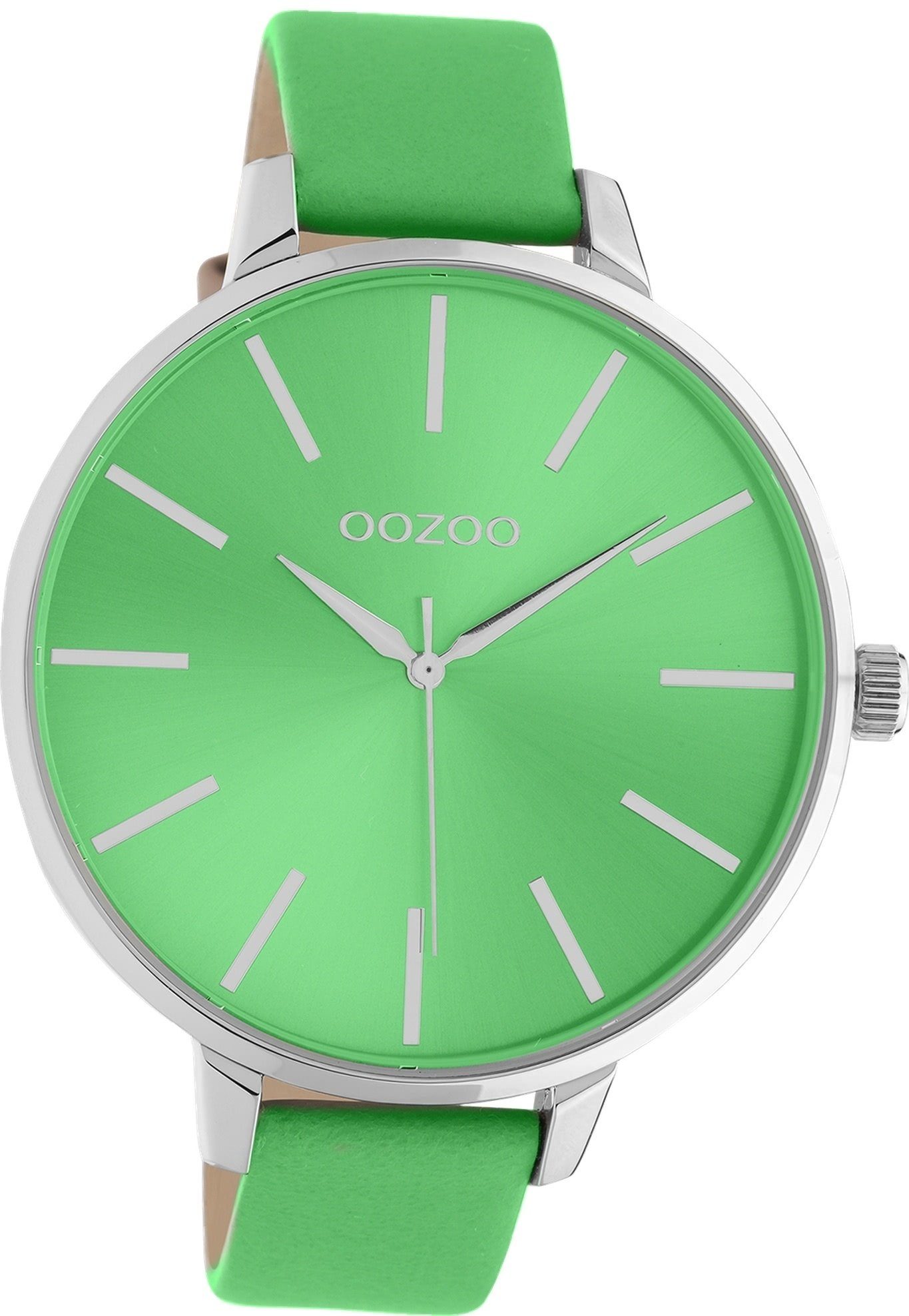 OOZOO Quarzuhr Oozoo Damen Armbanduhr Timepieces, Damenuhr Lederarmband  grün, rundes Gehäuse, extra groß (ca. 48mm)