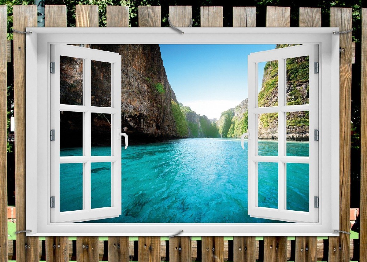 Thumbnail - Wallario Sichtschutzzaunmatten Fluss in den Tiefen der Schlucht, mit Fenster-Illusion