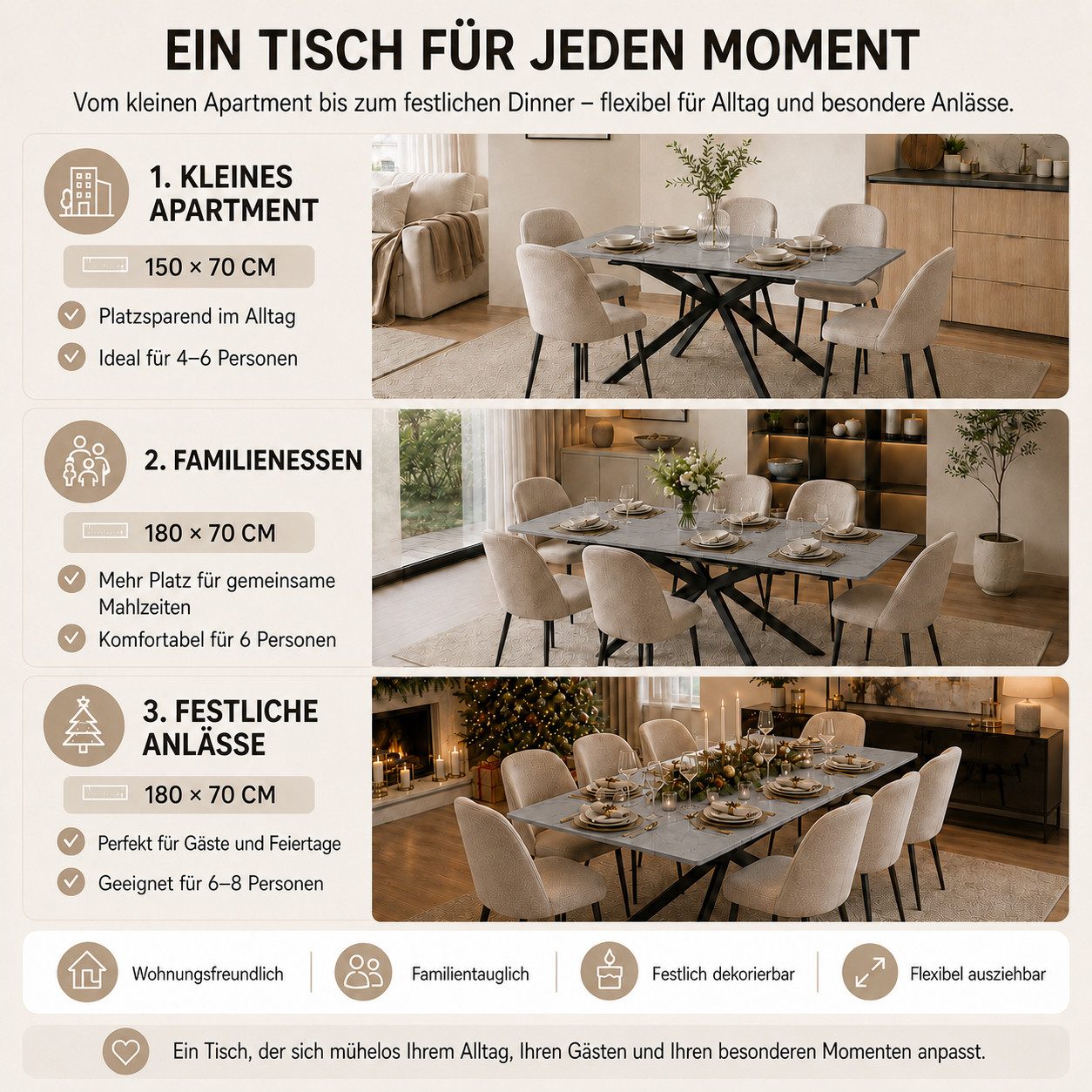 i@home Esstisch Küchentische Kaffee- & Freizeittisch (Kreuzbein-Design, 1-St., automatisch erweiterbar), moderner Ausziehbarer 150/180×70×76 cm Marmorstruktur – Bild 3 von 5
