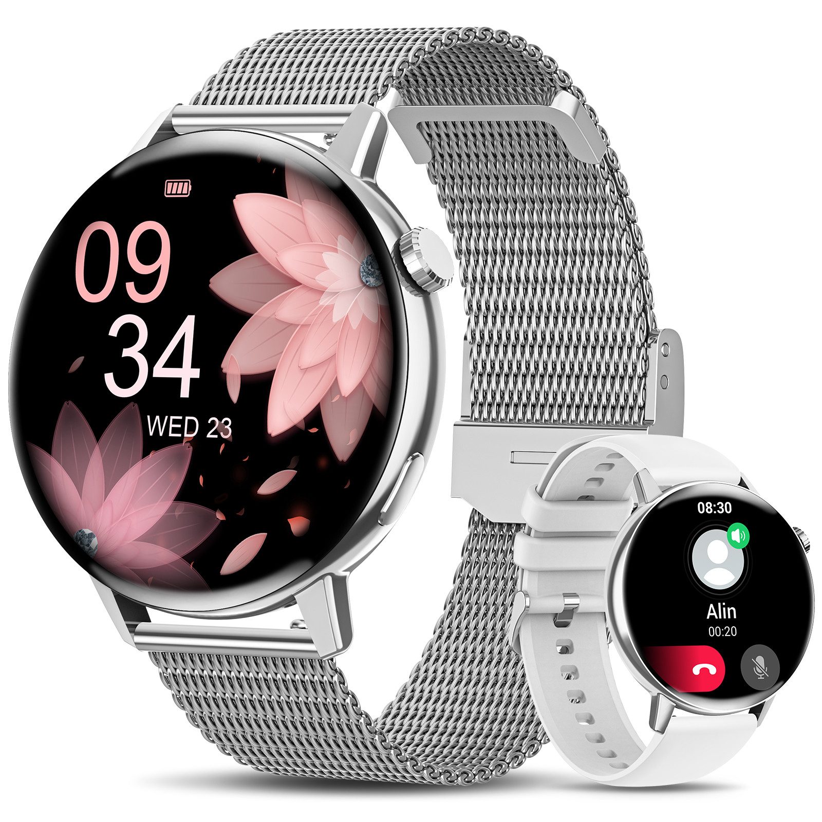 Sanorum Smartwatch Damen mit Telefonfunktion Smartwatch (3.35 cm/1.32 Zoll, Ultra-HD-Display) IP68 Wasserdicht Fitnesstracker, mit SpO2,Pulsuhr,Menstruationszyklus,Schlafmonitor,Schrittzähler, für iOS und Android