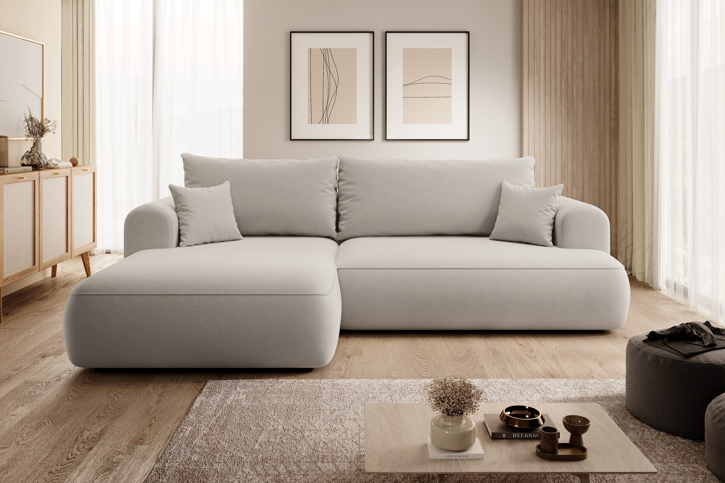 Selsey Ecksofa OVO, Schlaffunktion 142x210 cm, Bettkasten, 2 Zierkissen