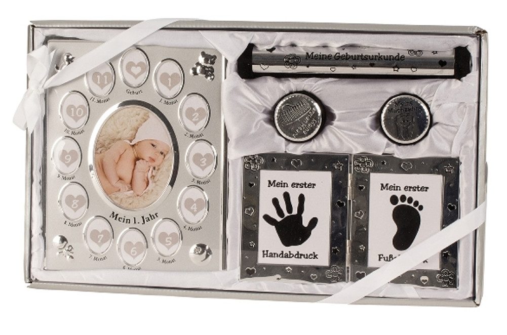 LB H&F Lilienburg Neugeborenen-Geschenkset Neugeborenen-Geschenkset Geburt Baby Taufe Babyset Geschenk Set weiß (Fotorahmen Bilderrahmen silber neutral Aufbewahrung Geburtsurkunde XL Zahndose Haardose Geburt Mitbringsel Geschenk Geschenkbox Babygeschenk erstes Jahr Babyparty Taufgeschenk, Geschenkset) Geschenkidee Eltern Bilderrahmen Junge Mädchen Milchzähne Box