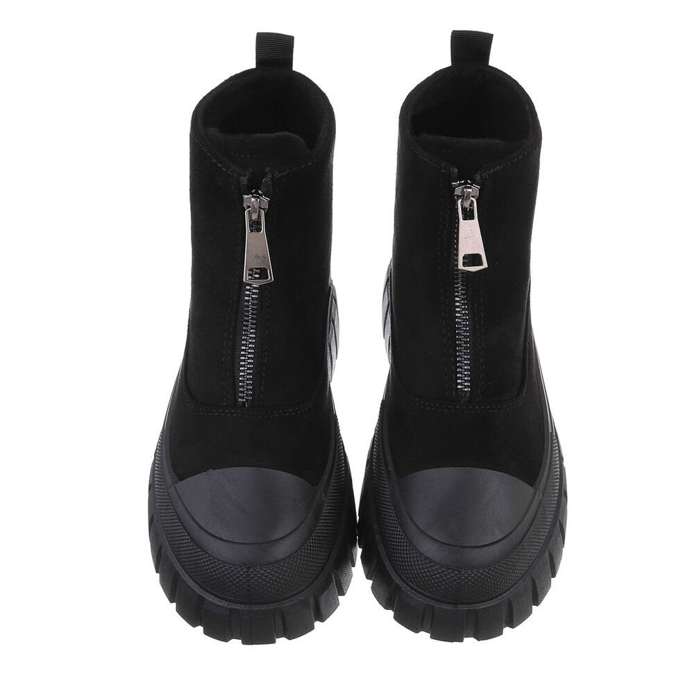Ital-Design Damen Freizeit Plateaustiefelette Flach Plateaustiefeletten in Schwarz