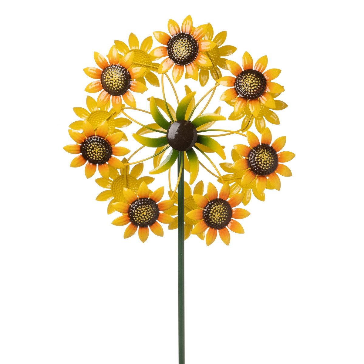 finehomegarden Gartenstecker Windrad Sonnenblume x7Blüten Metall gelb/grün Windspiel (1-St) Windmühle Ø34cm H125cm Garten Herbst Stecker