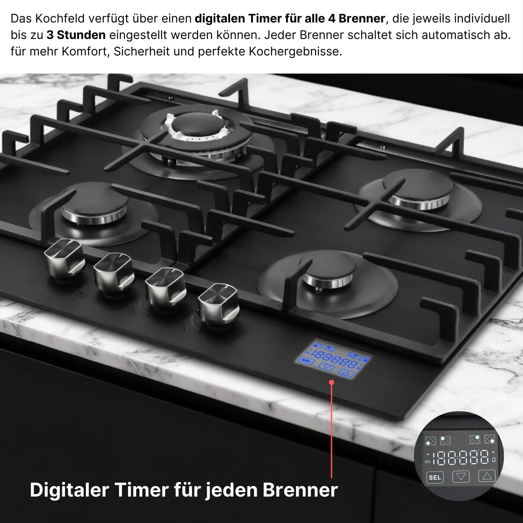 KB Elements Gas-Kochfeld, DIGITALER GAS-STOP-TIMER, MATTE, HITZEBESTÄNDIGE GLASOBERFLÄCHE