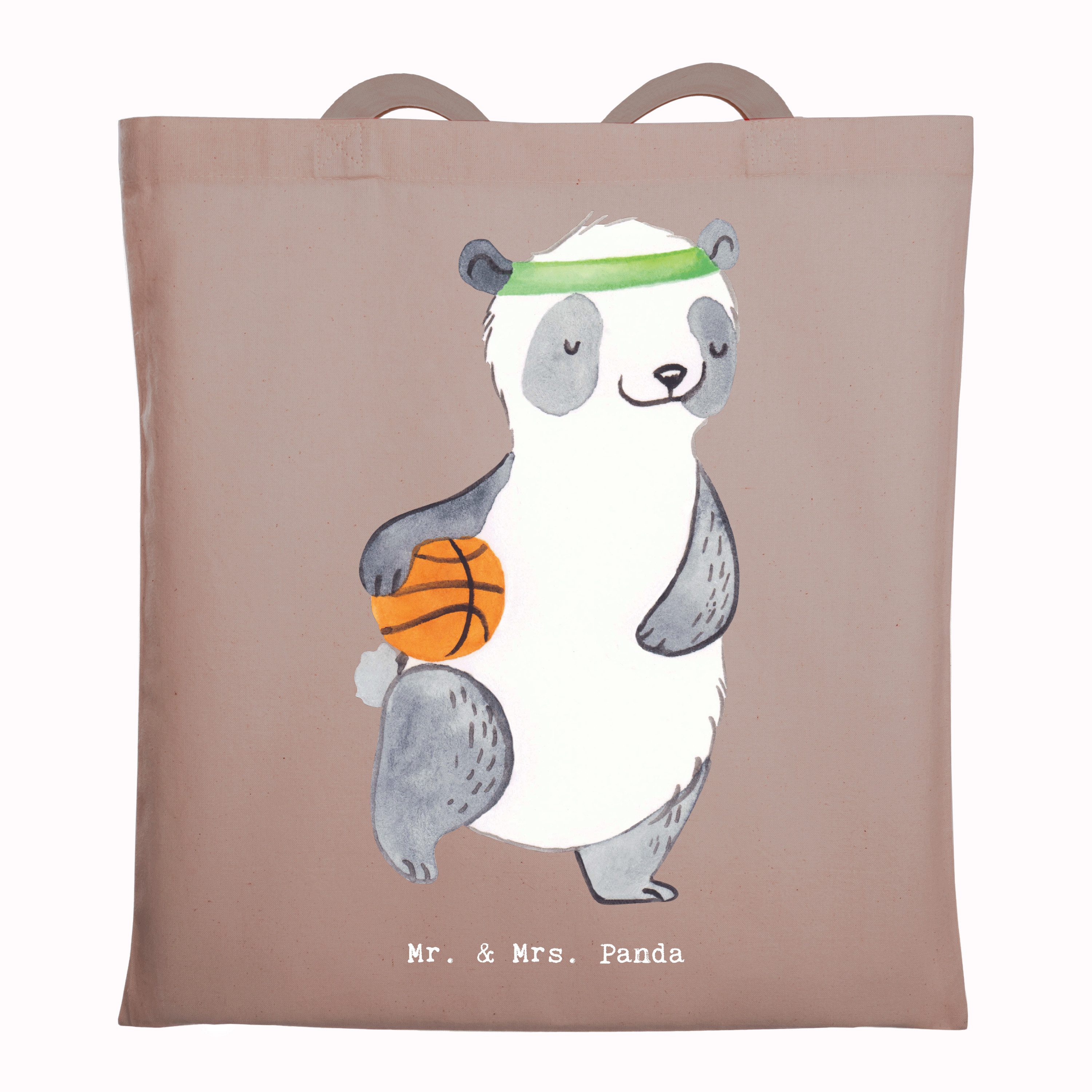 Mr. & Mrs. Panda Tragetasche Panda Basketball - Braun Pastell - Geschenk, Dankeschön, Basketball V (1-tlg), Design-Highlight