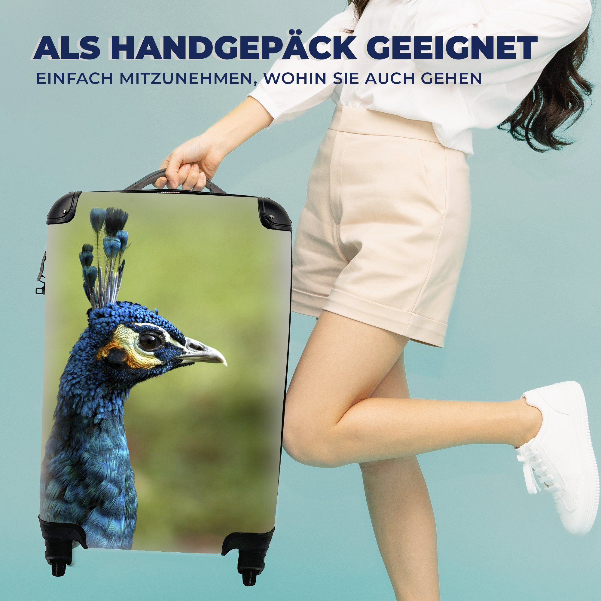 Porträt rollen, - - Handgepäckkoffer Rollen, Pfau 4 mit Blau, Reisekoffer Handgepäck MuchoWow Ferien, Reisetasche für Trolley,