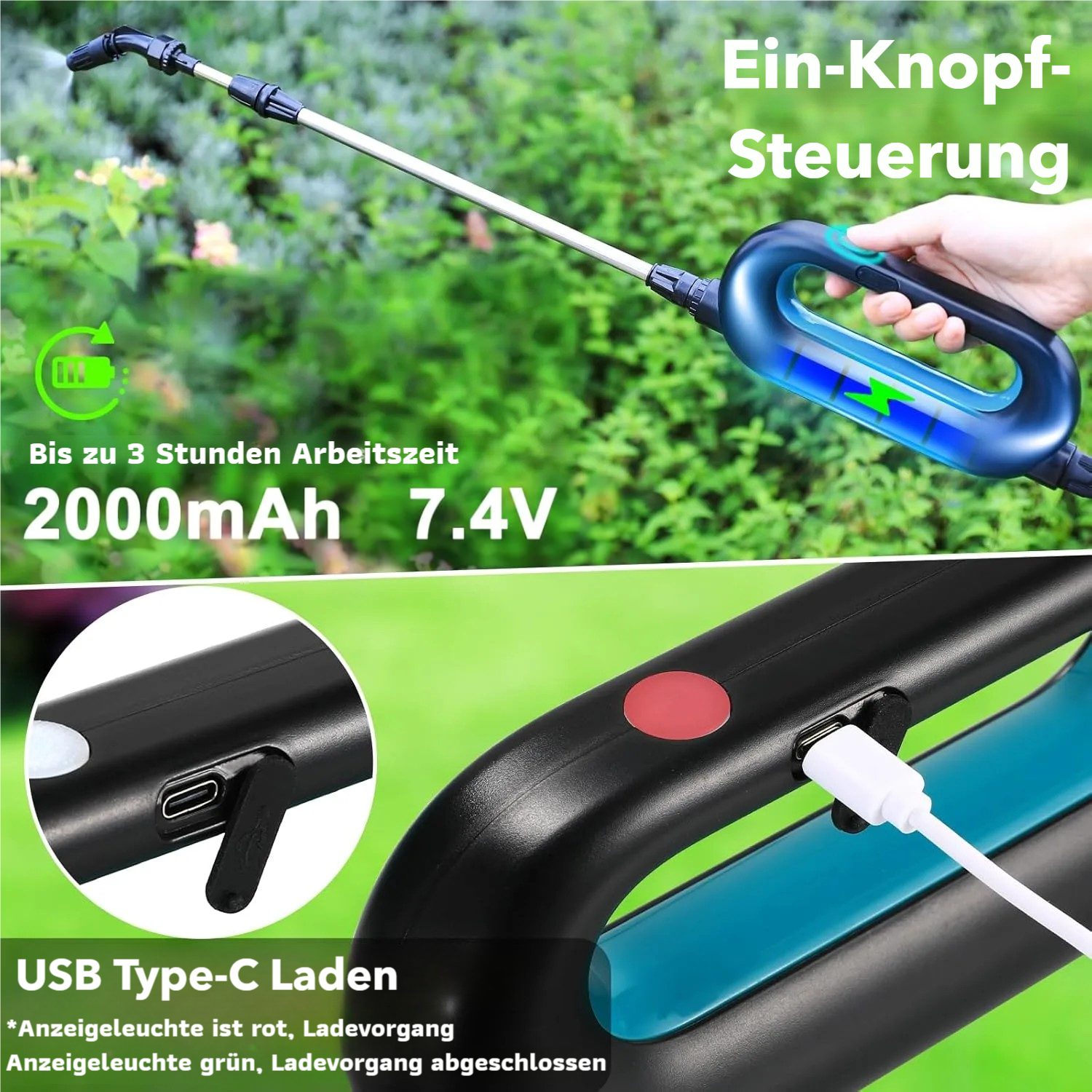 TLGREEN Drucksprühgerät,5/8L Akku-Drucksprühgerät,7.4V Stärker Elektrischer Pflanzensprüher, (mit 3 Düsen & Verstellbarer Schultergurt, USB-aufladbarem Griff mit Teleskopstab), für Gartenspritze, Unkrautspritze & Wassersprüher