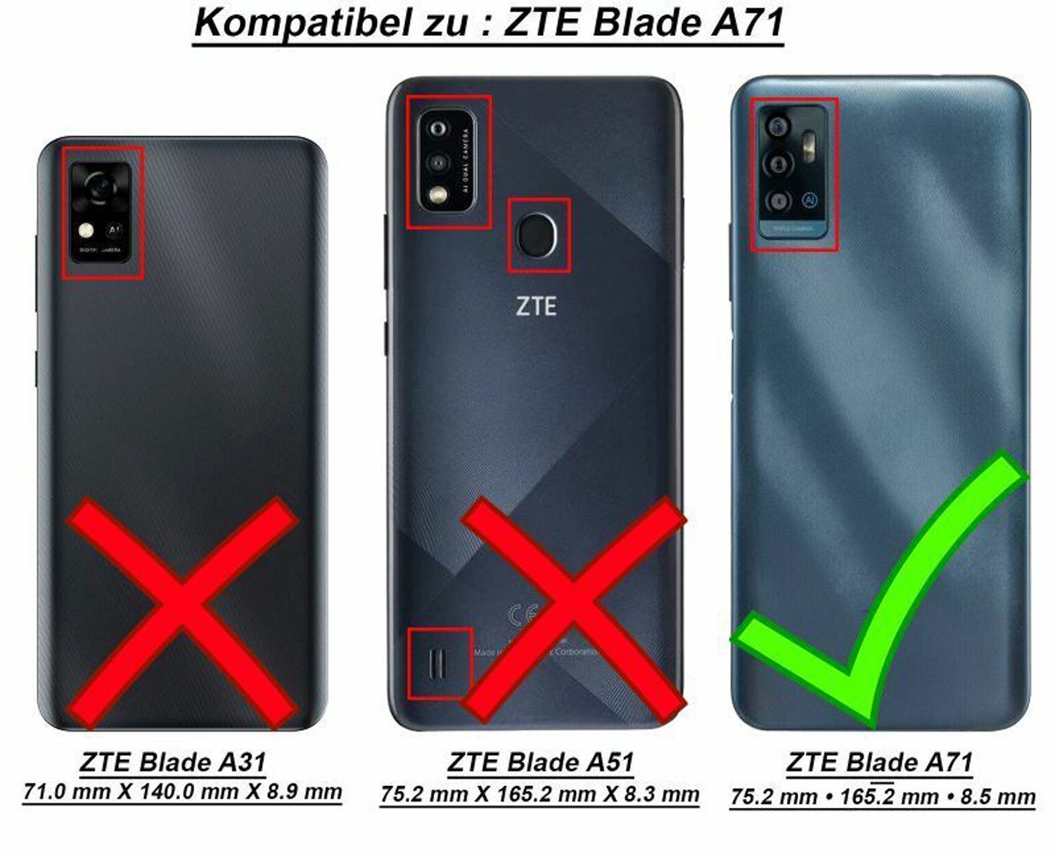 betterfon Handyhülle Handytasche für ZTE Blade A71 Klapphülle Schwarz, Bookstyle-Hülle: Magnetverschluss 3 Kartenfächer & Standfunktion
