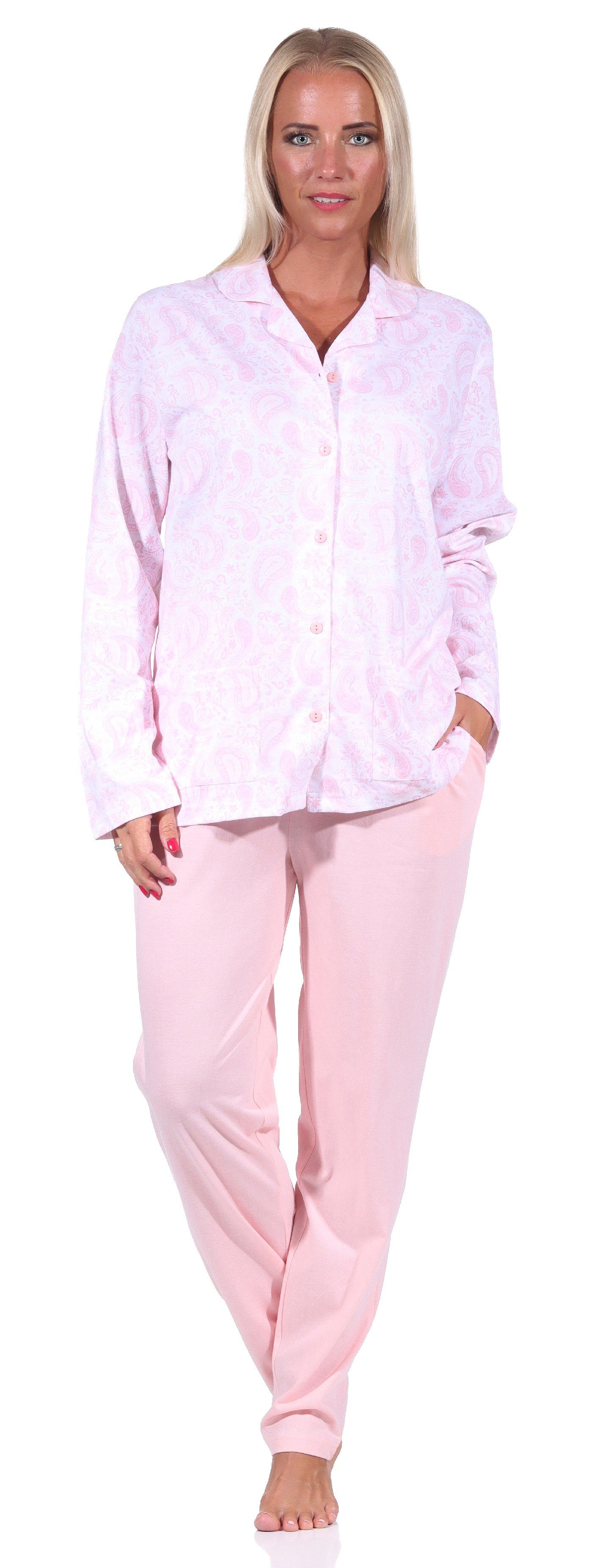 Damen Pyjama durchknöpfen Qualität Pyjama in zum rosa Jersey Normann Single langarm