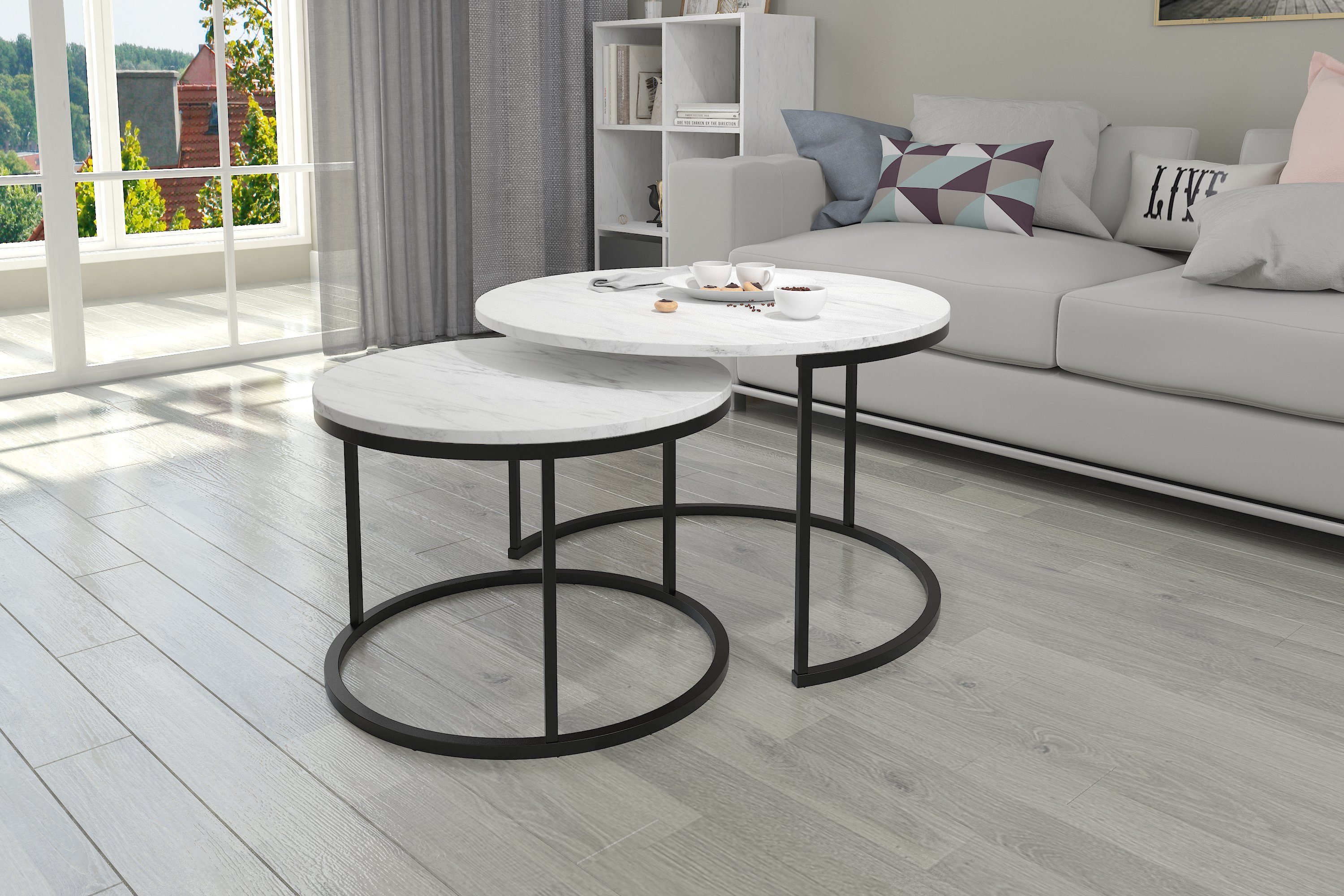 Polini Home Couchtisch Couchtisch-Set Rund 2-teilig 75cm und 58cm DOKKUM, Laminierte Tischplatte, hitzebeständige, stoß- und kratzfeste Tisch marmor/schwarz