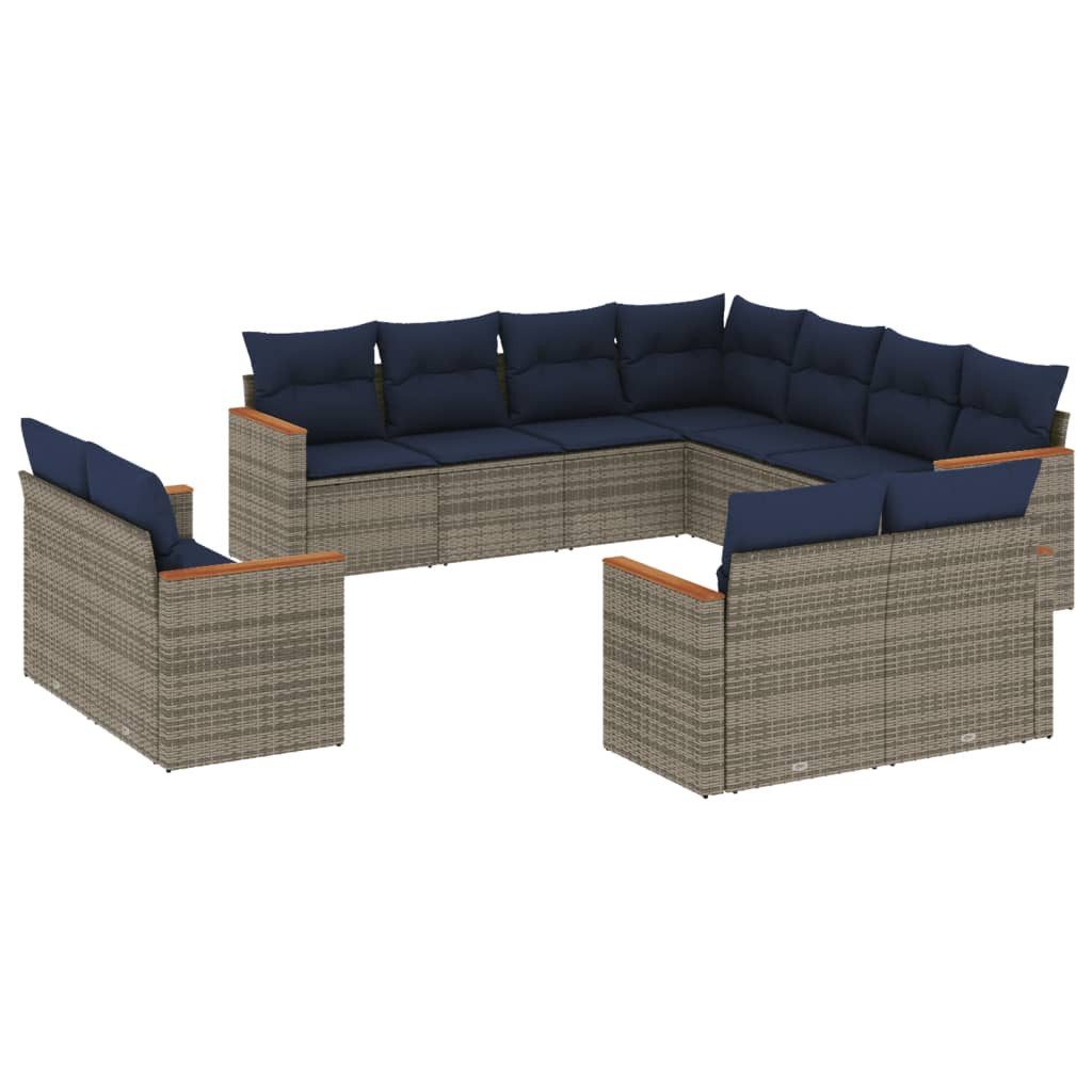 Gartenlounge-Set 11-teiliges Gartensofa-Set mit Kissen, grau, Polyrattan