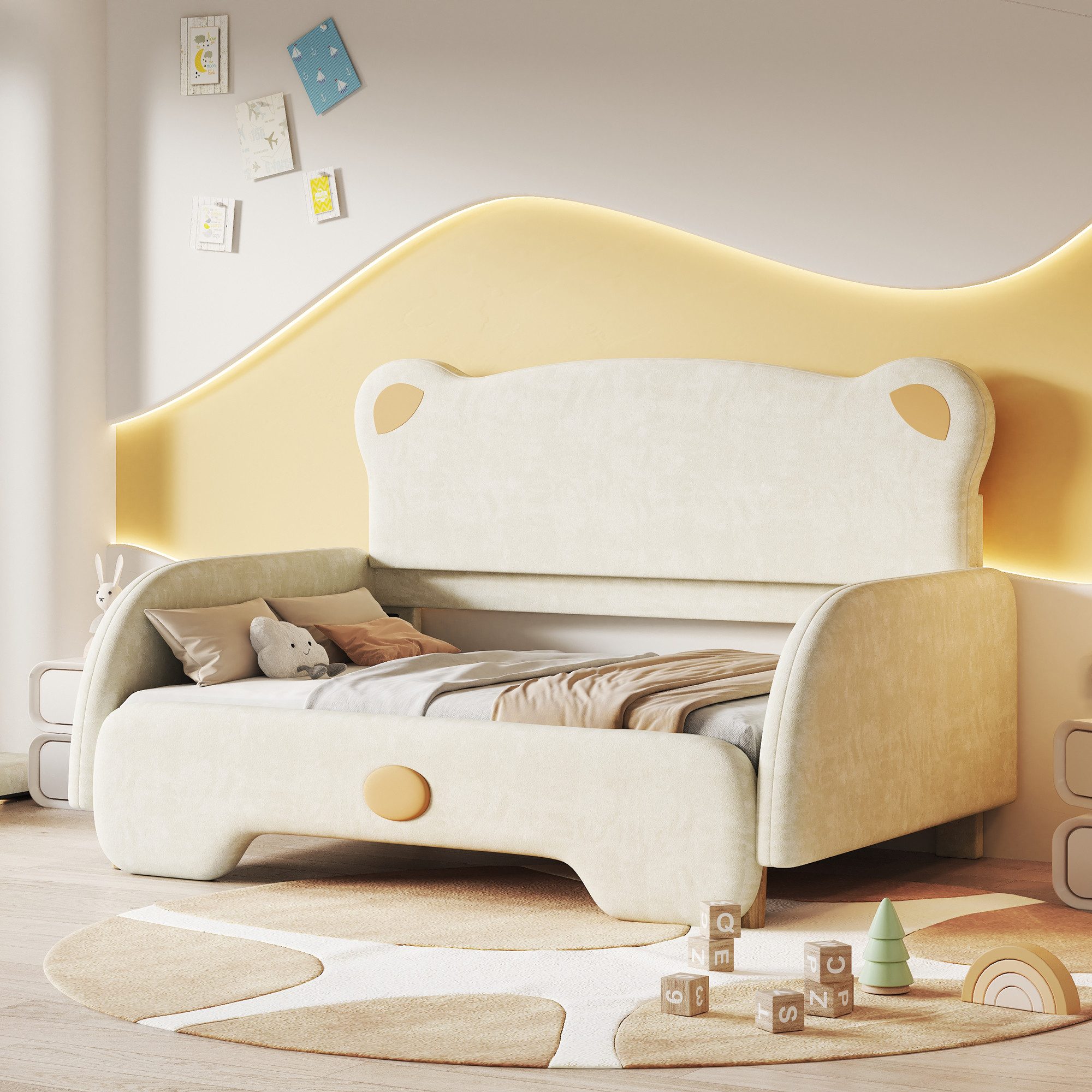 SOFTWEARY Kinderbett mit ausziehbarer Liegefläche (140x110cm/140x200cm), Schlafsofa mit Bettfunktion