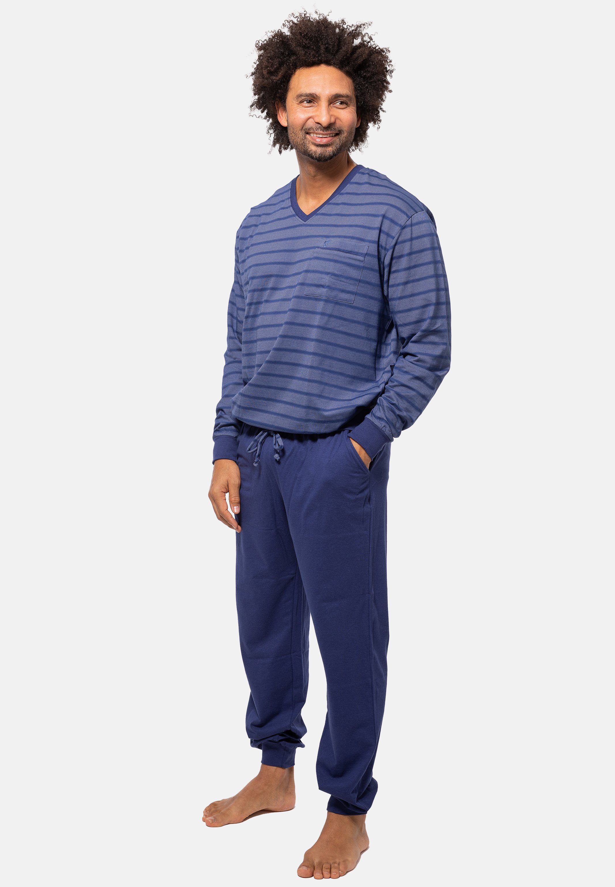 (Set, Schlafanzug - Klima 2 Hajo Baumwolle mit - Light tlg) Pyjama zwei Hose Ozean Hosentaschen Lange