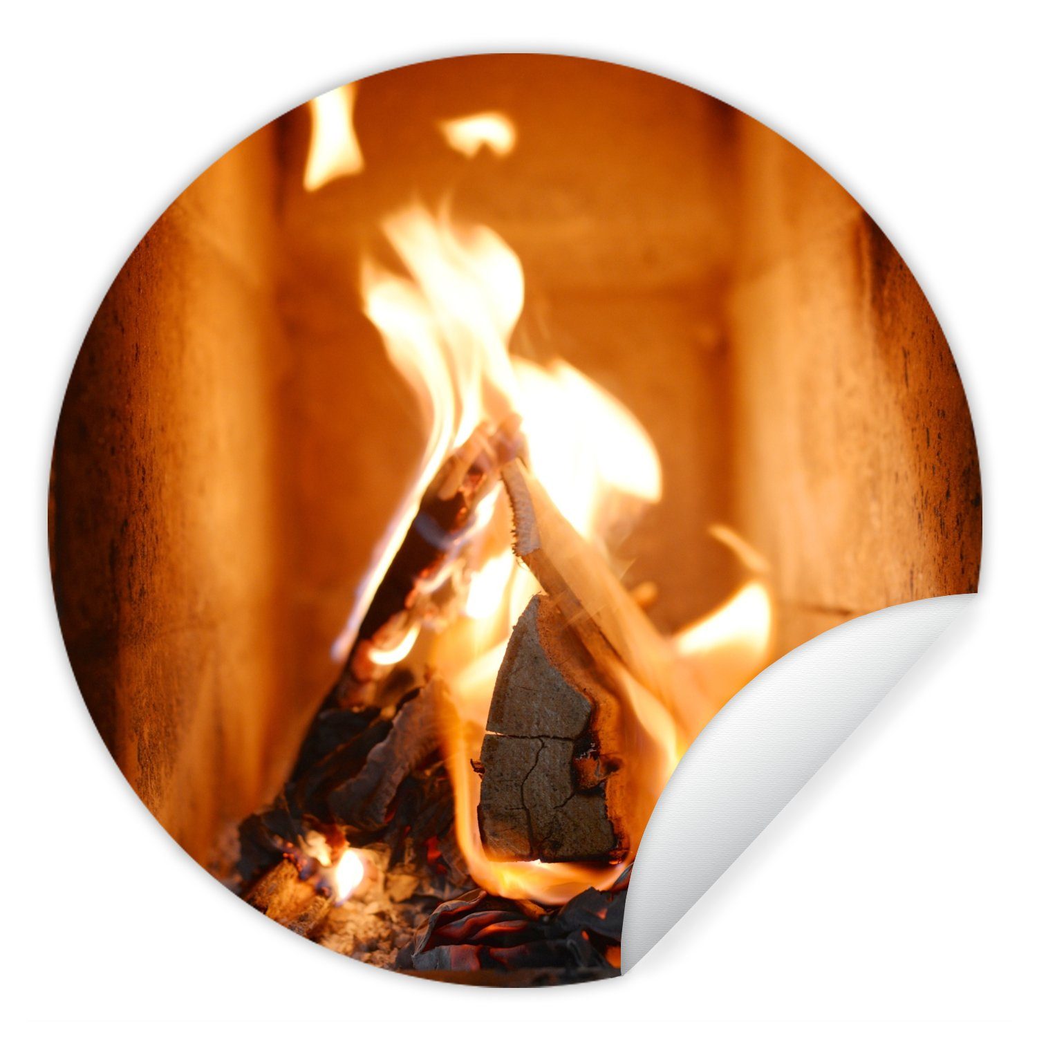 MuchoWow Wandsticker Verbrennung von Holz in einem Kamin (1 St), Tapetenkreis für Kinderzimmer, Tapetenaufkleber, Rund, Wohnzimmer