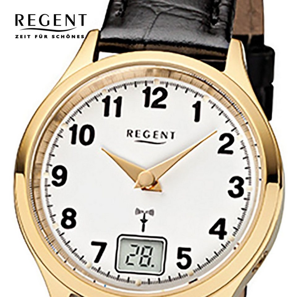 Regent Funkuhr Regent Damen-Armbanduhr schwarz Analog, Damen Funkuhr rund,  klein (ca. 29mm), Lederarmband